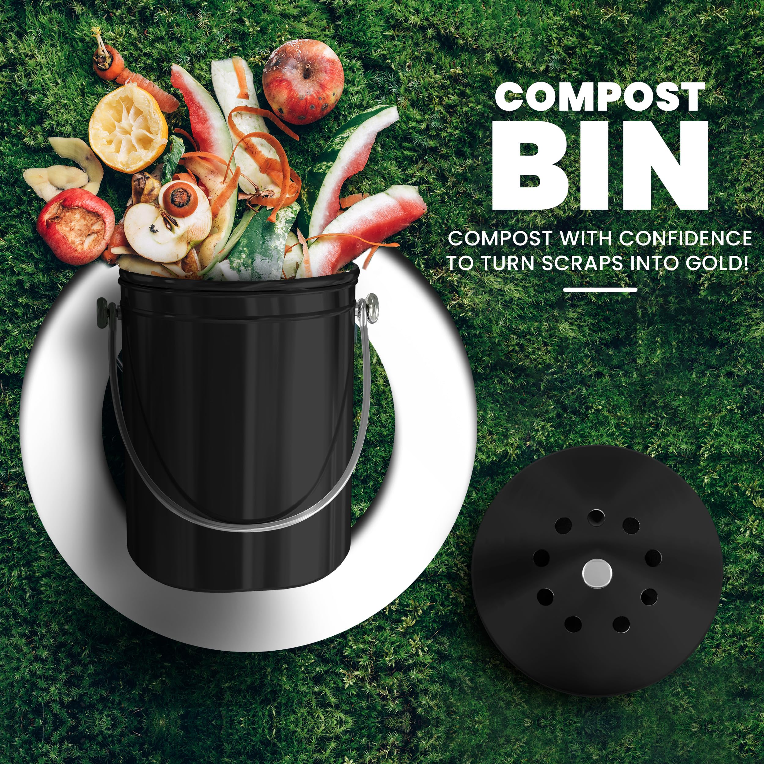 Utopia Kitchen compost bin with lid on counter to help contain odors.