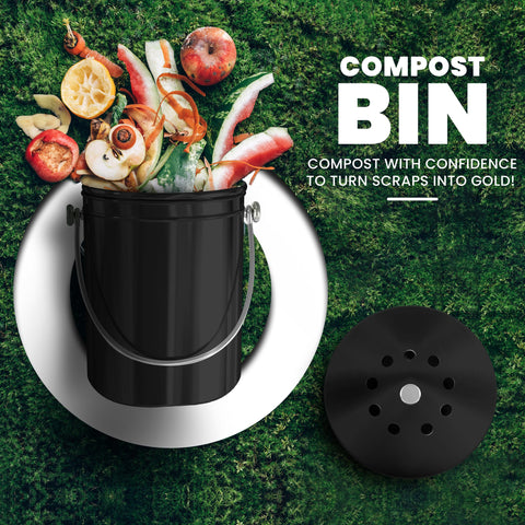 Utopia Kitchen compost bin with lid on counter to help contain odors.