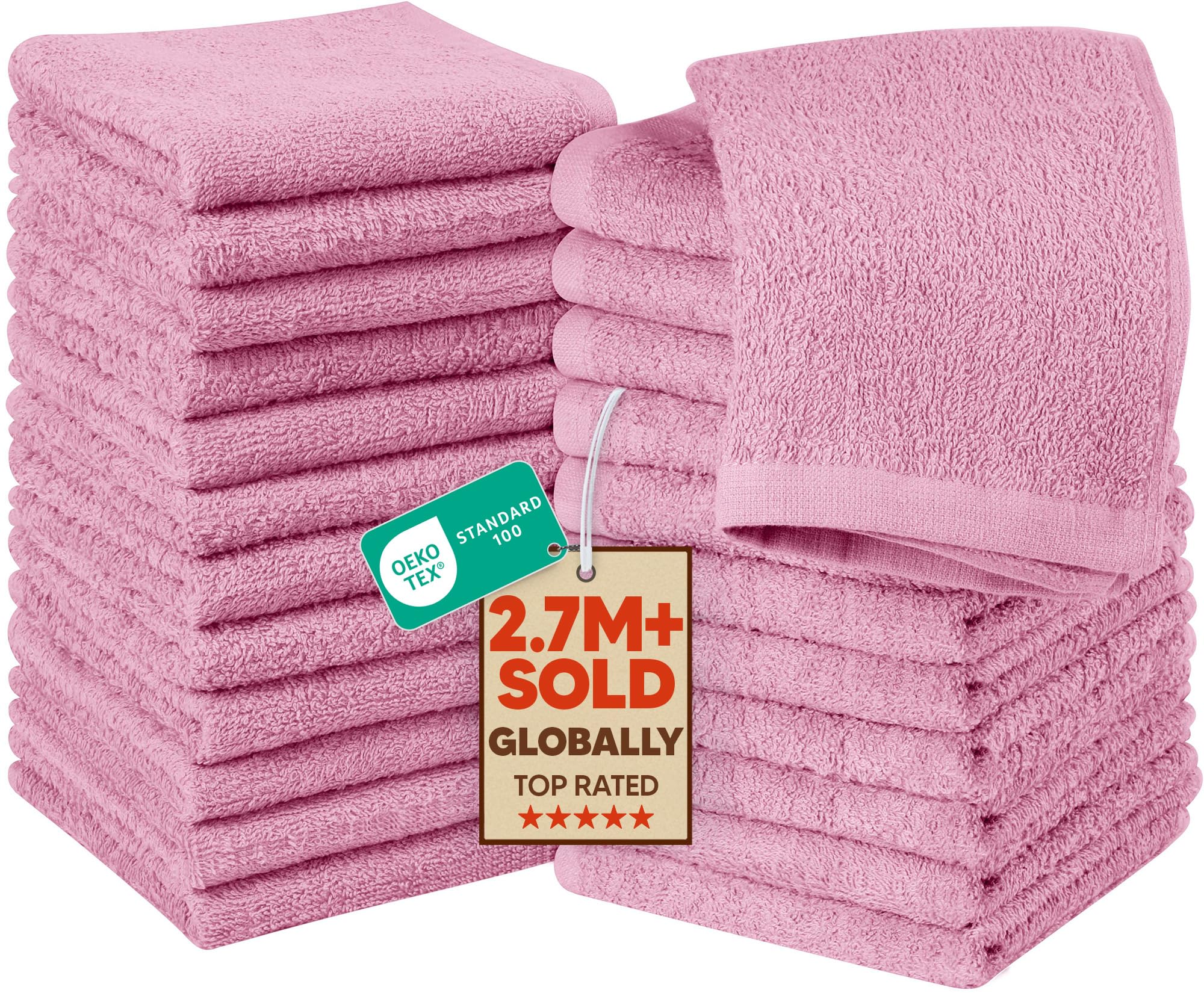 Utopia Towels pink washcloths, 12x12 inch size, ideal for daily face care and hand drying.