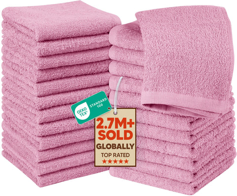 Utopia Towels pink washcloths, 12x12 inch size, ideal for daily face care and hand drying.