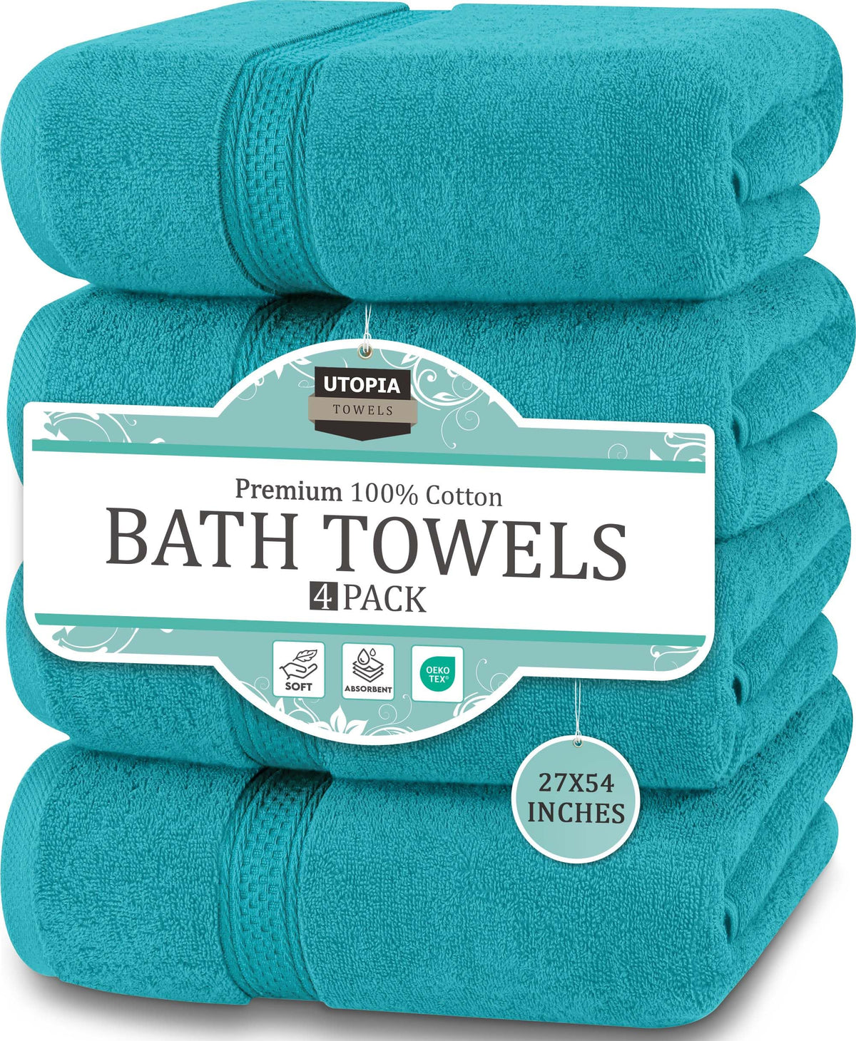 Utopia Towels 4 Pack turquoise bath towels in 27x54 inches highlighting premium cotton and color.