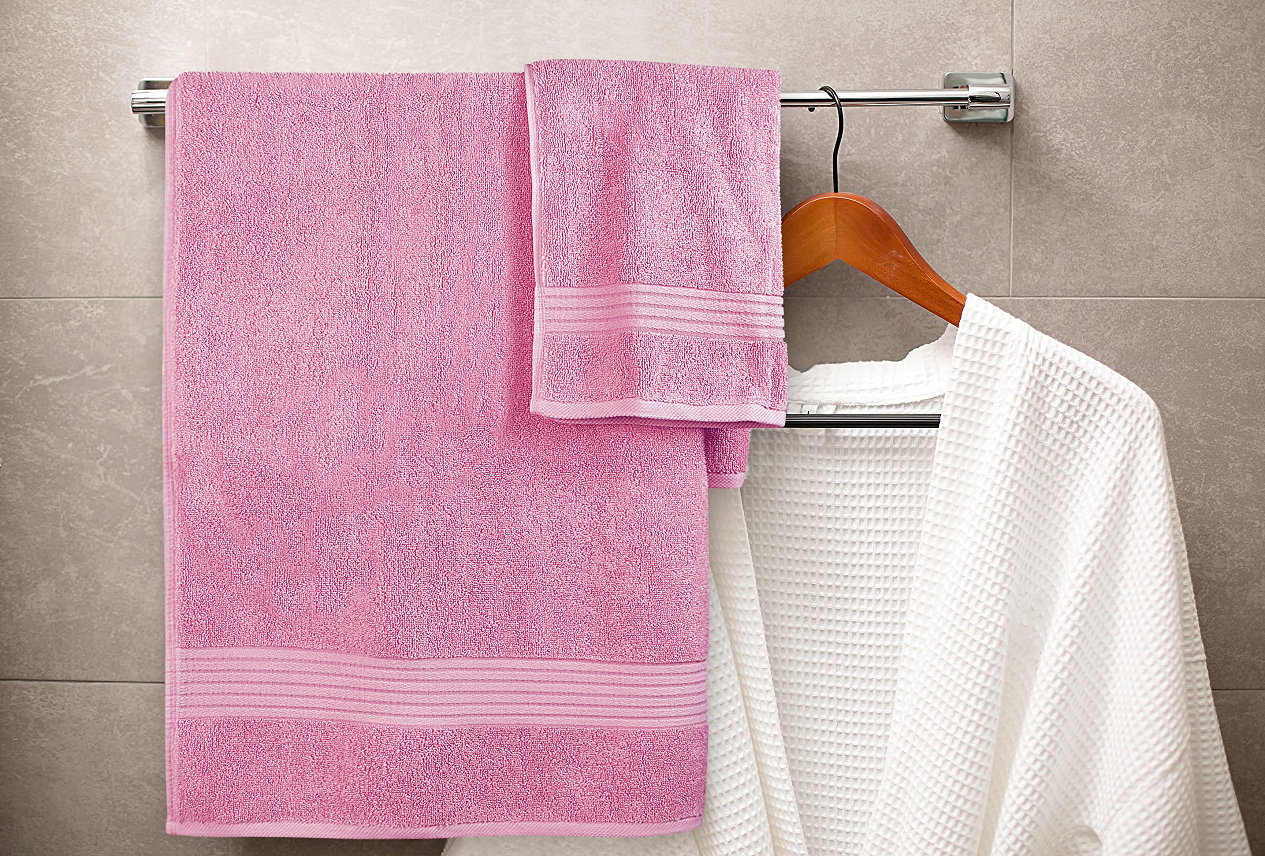 Utopia Towels 500gsm closeup pink fabric, dense weave for premium absorbency and durability.