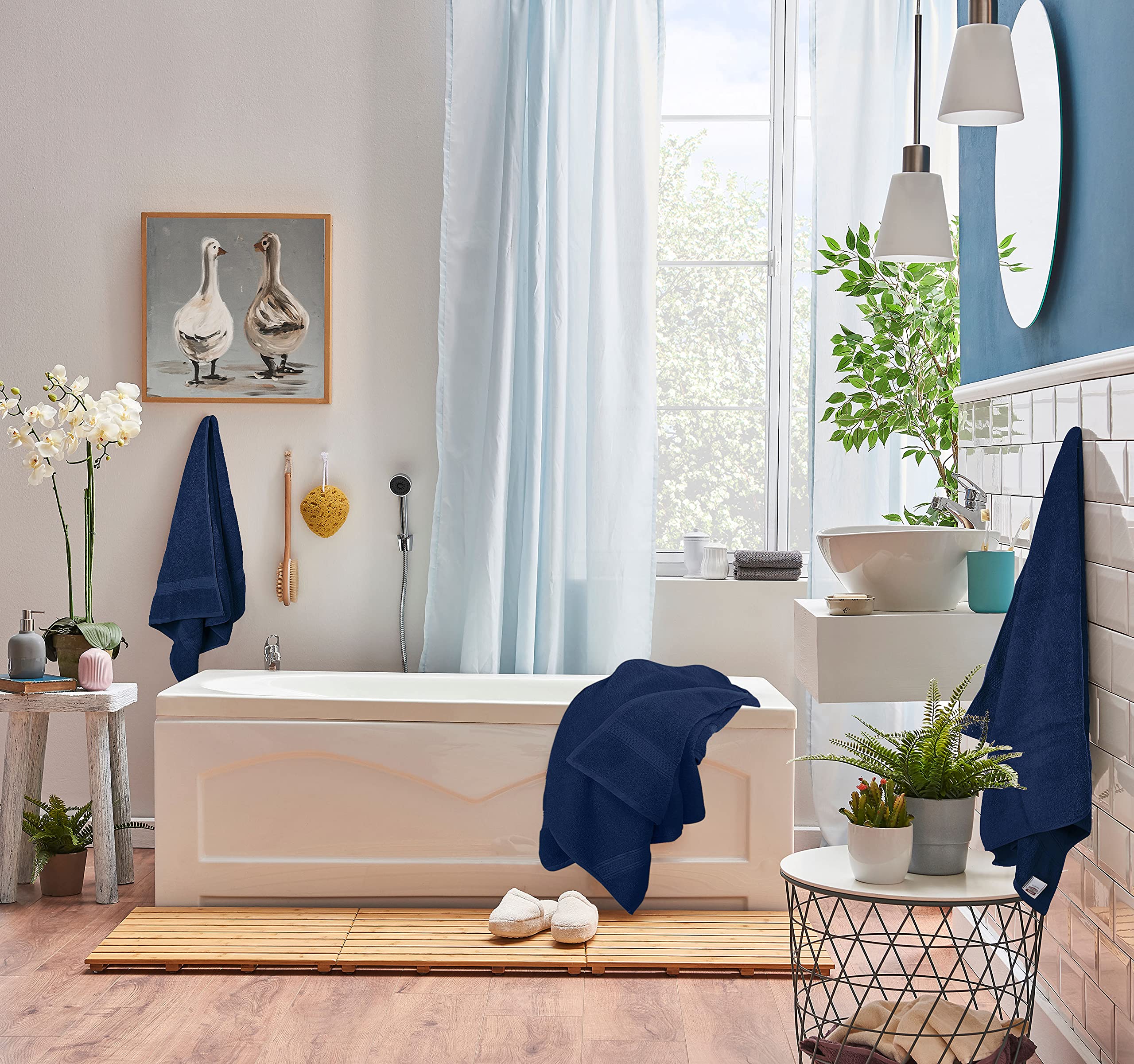 Utopia Towels navy bathroom setup showing clean edges and finish