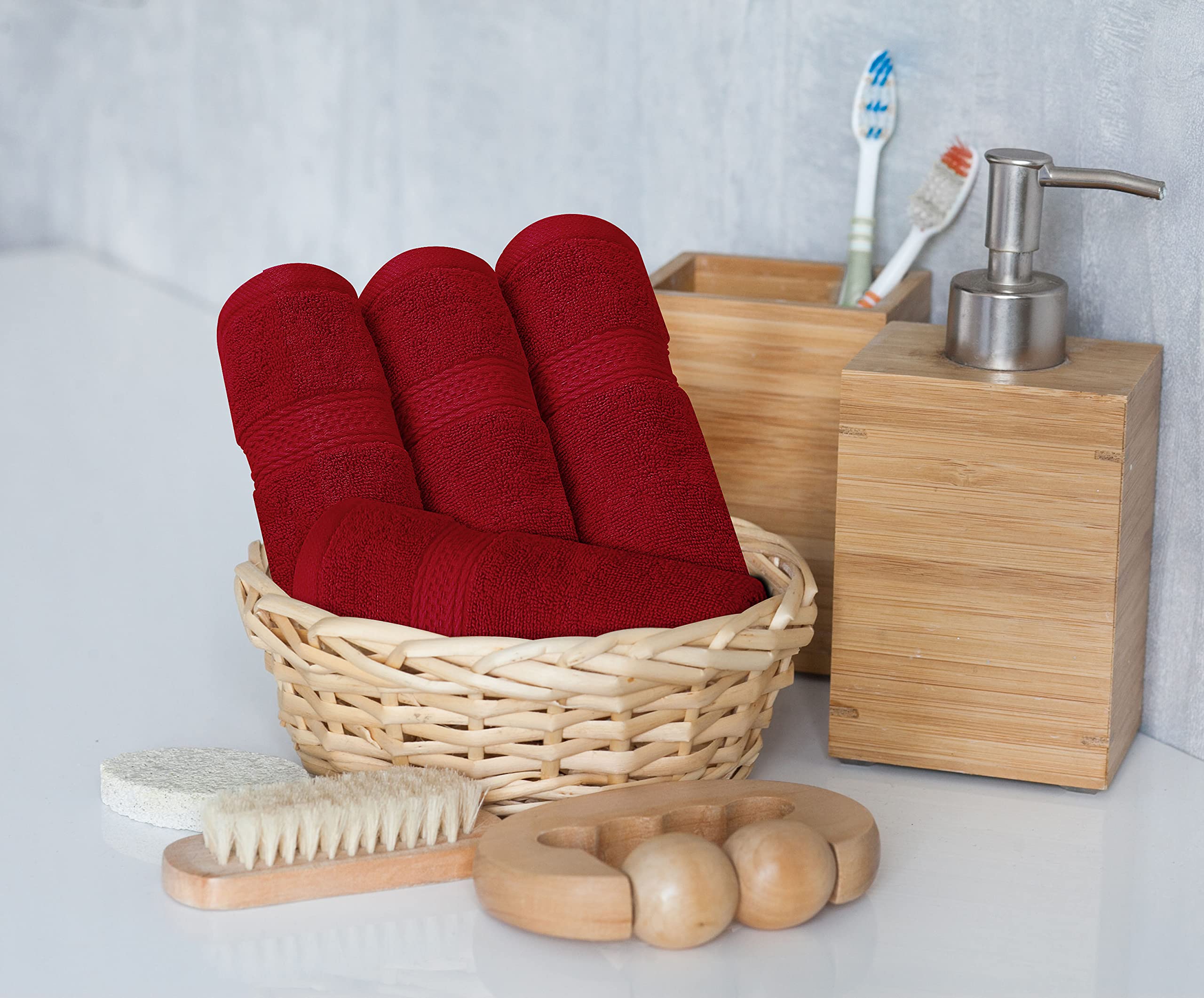 Utopia Towels red color tones brighten bathroom aesthetics.