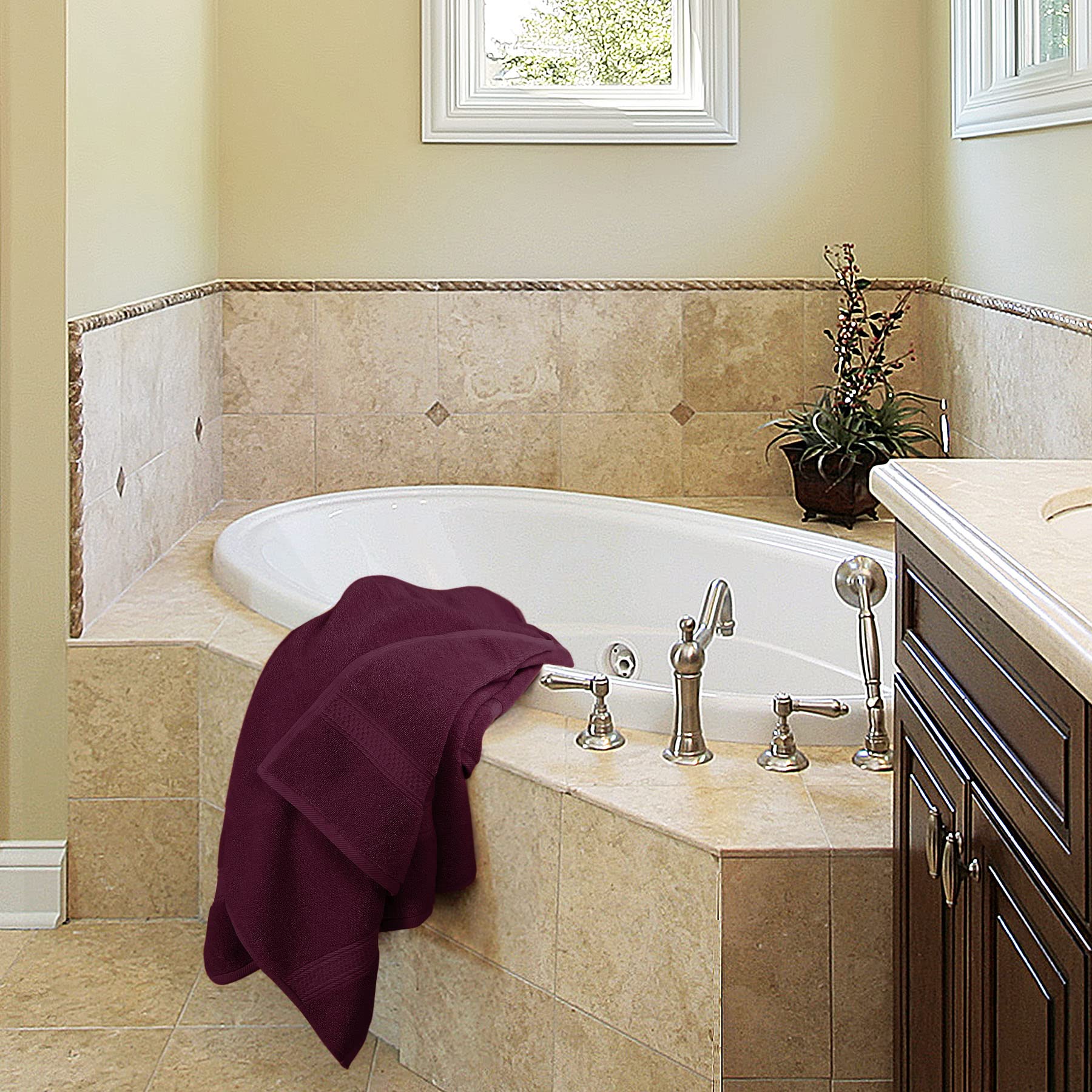 Utopia Towels bath setting shows versatile use at home, dorm, or hotel