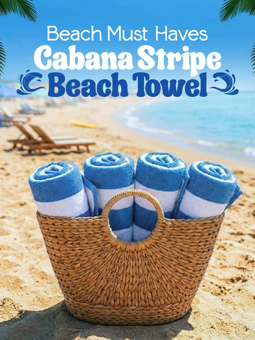 Utopia Towels cabana stripes 30x60 blue, close-up shows soft ring-spun cotton texture for quick-dry comfort.
