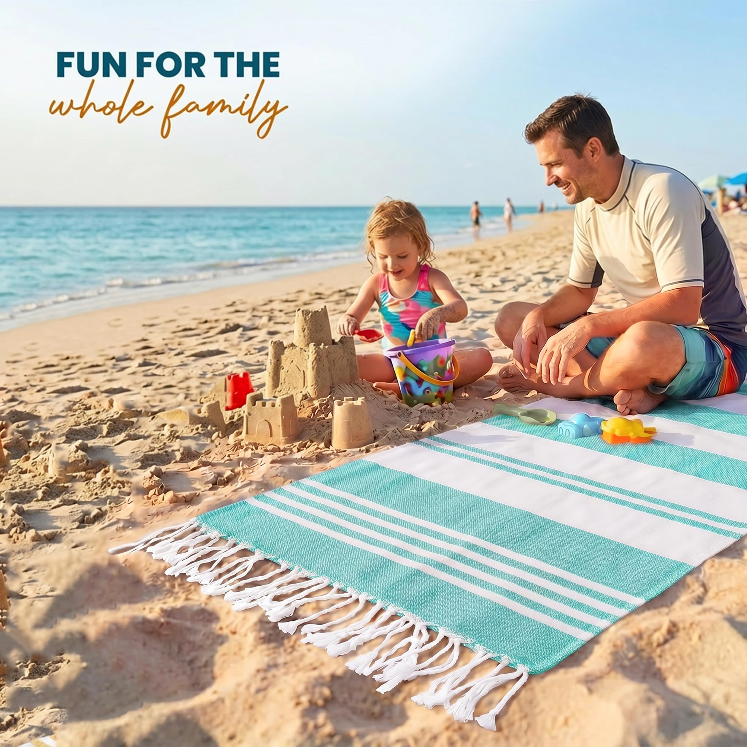Utopia Towels cool-grey color option complements neutral beach outfits.