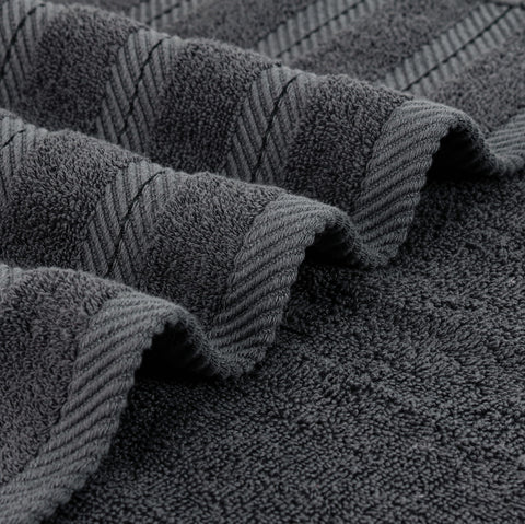 Grey towel demonstrating color-fast performance after washing.