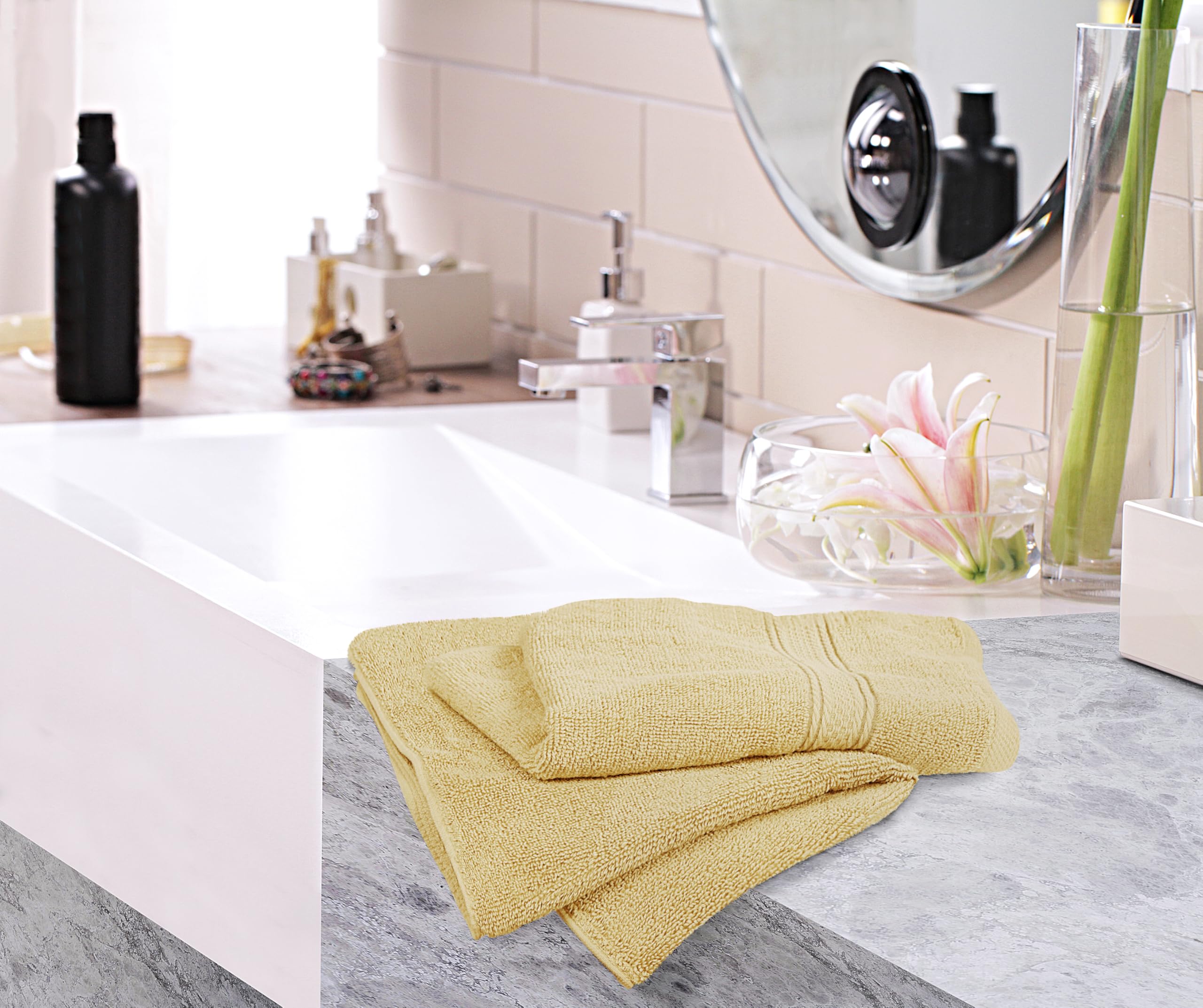 Utopia Towels folded stack demonstrates neat storage.