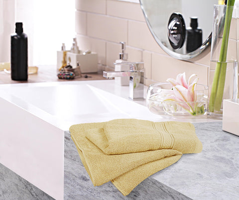 Utopia Towels folded stack demonstrates neat storage.