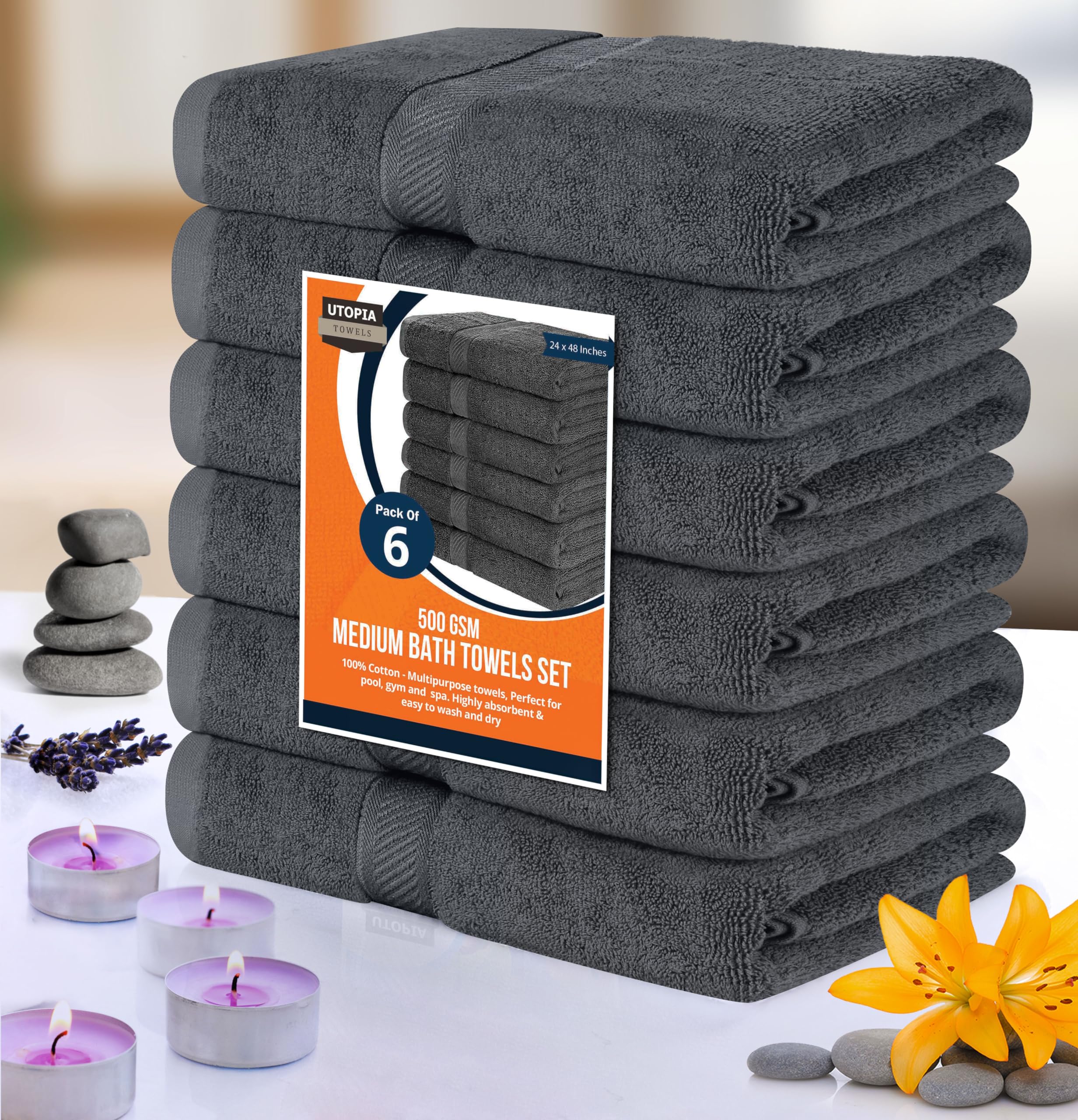 Utopia Towels grey towels in view emphasize modern bathroom decor and versatility