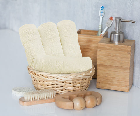 Utopia Towels hotel spa ambience with ivory tone elevates bathroom decor.