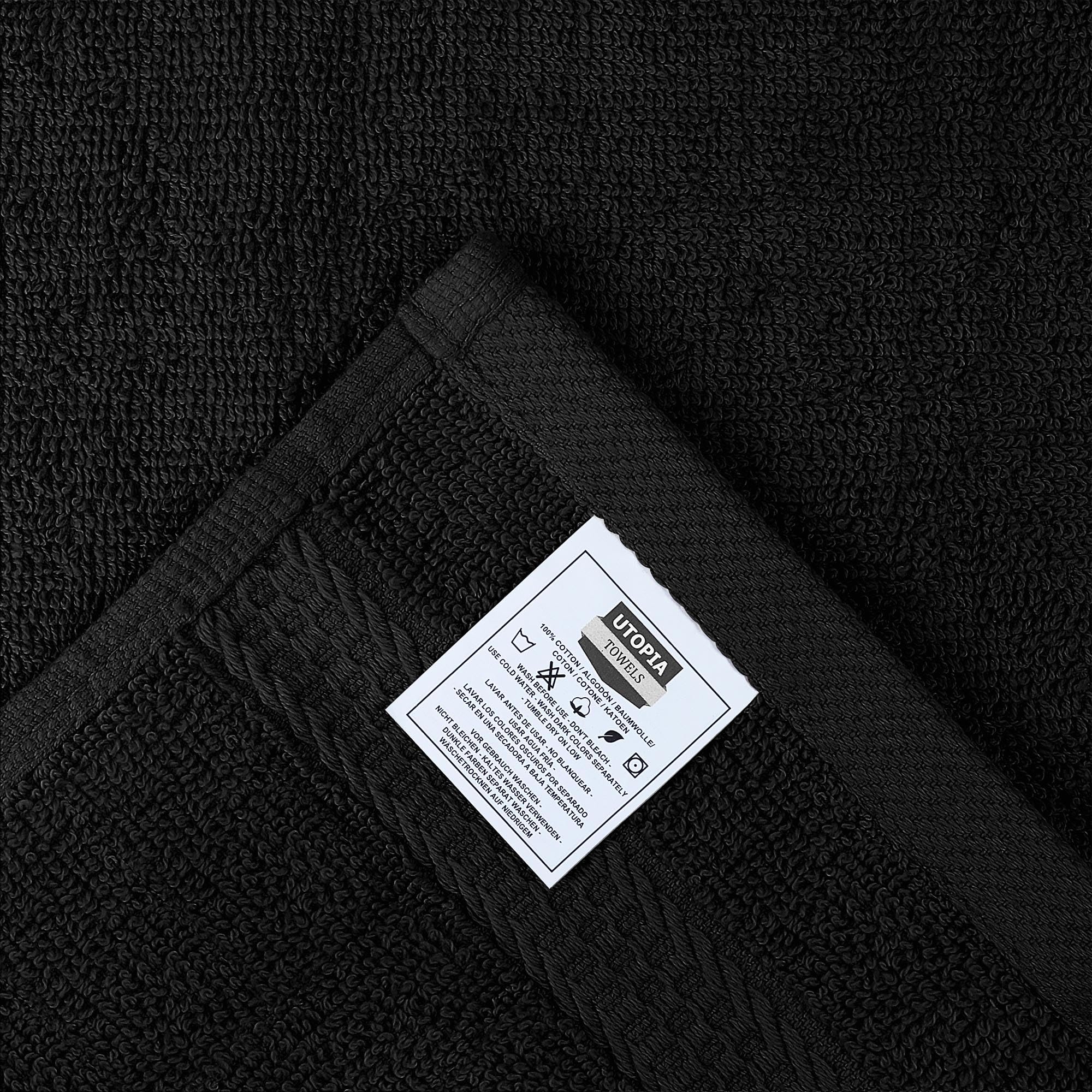 Utopia Towels machine-wash-ready tag highlighting easy care and color retention.
