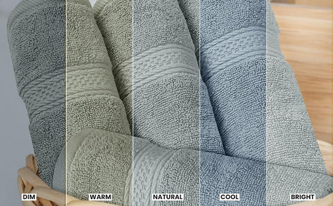 Utopia Towels Majestic Plush set display in cool grey palette