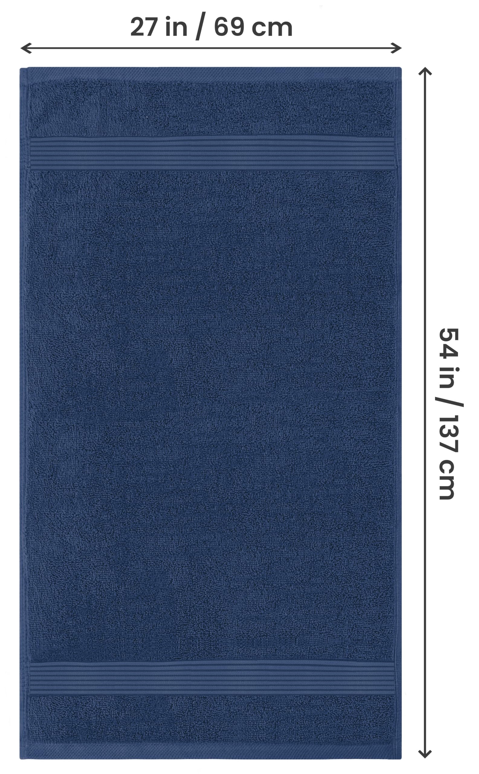 Utopia Towels navy bath towels folded neatly for display and storage.