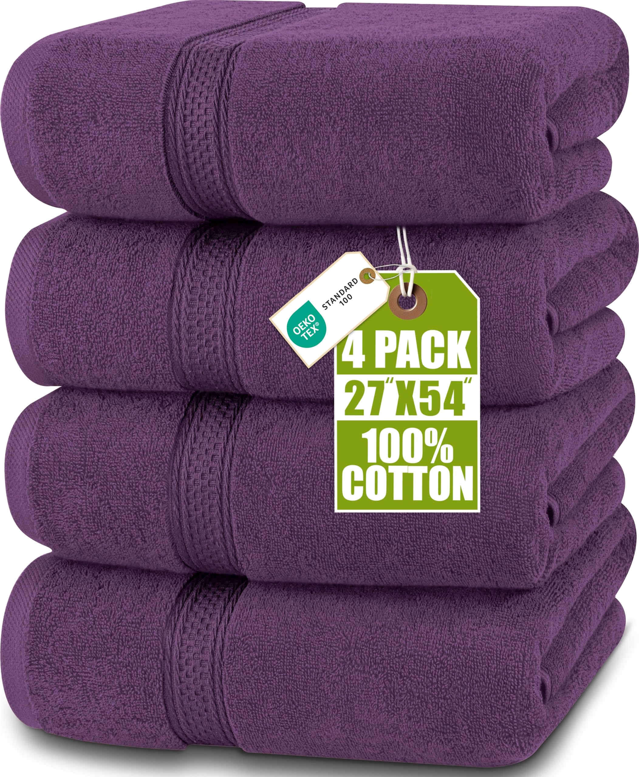 Utopia Towels plum 4-pack bath towels in a neat stack for daily luxury.