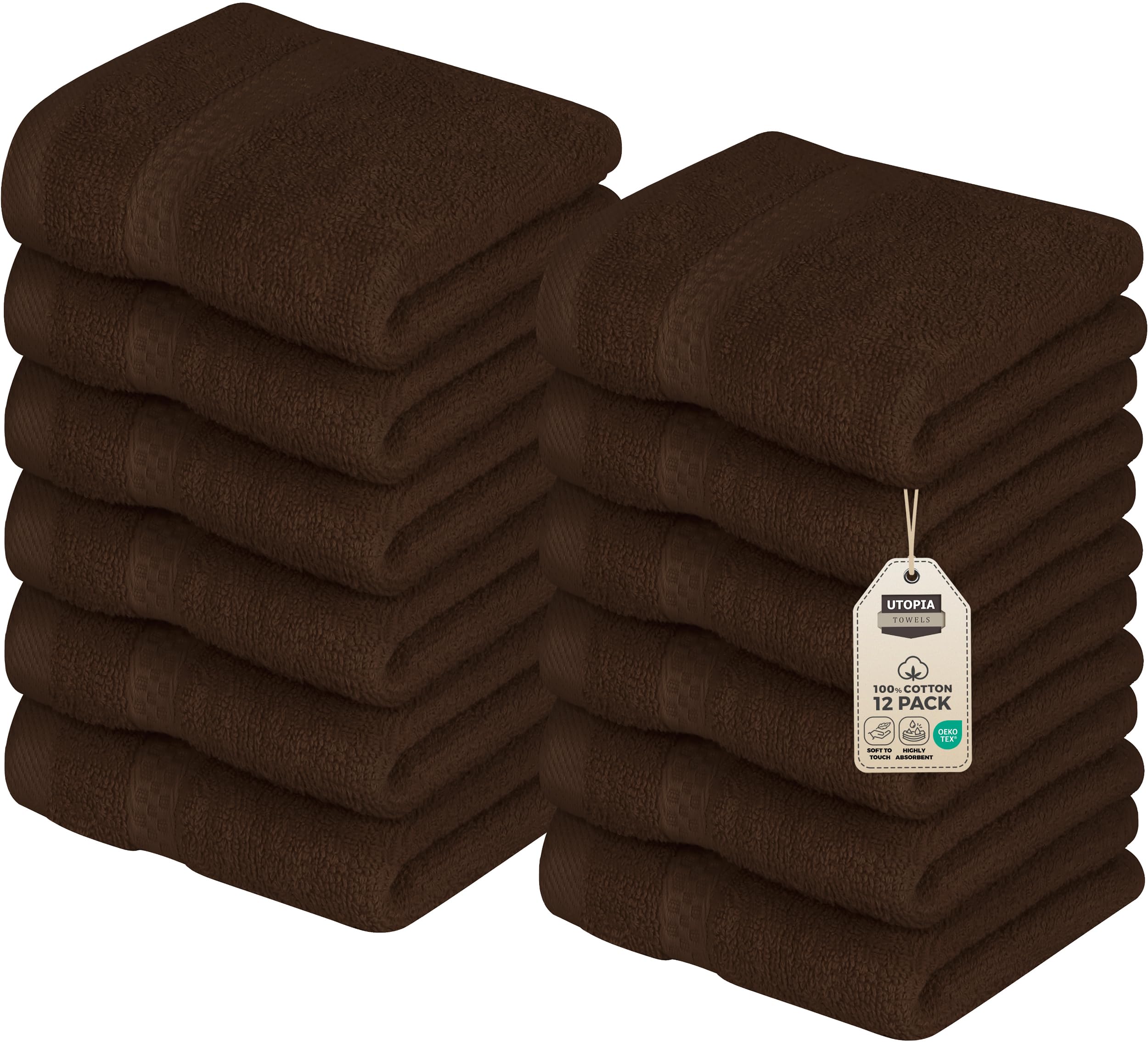 Utopia Towels premium wash cloths folded, 12x12 inch size, soft and inviting.