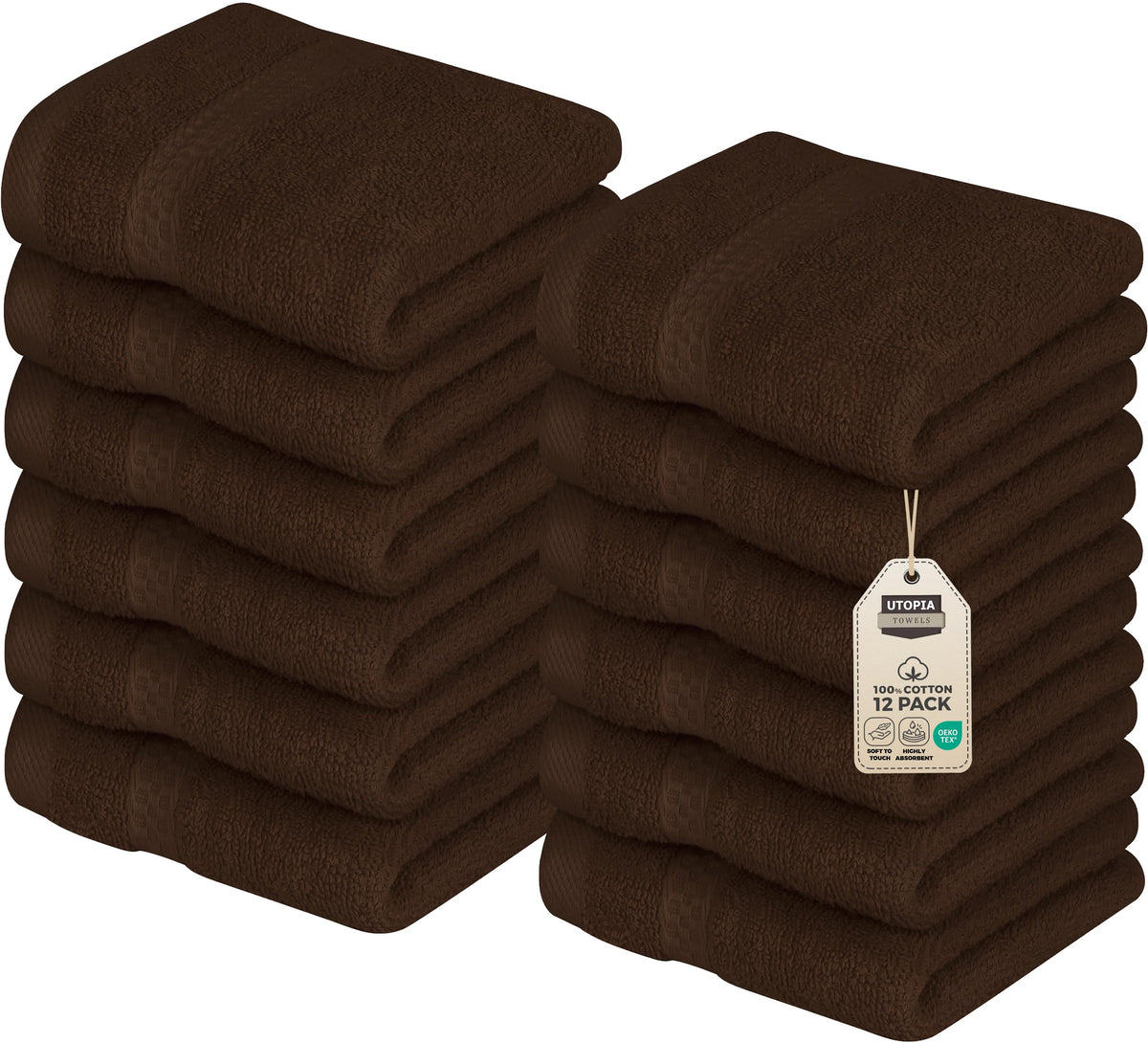 Utopia Towels premium wash cloths folded, 12x12 inch size, soft and inviting.