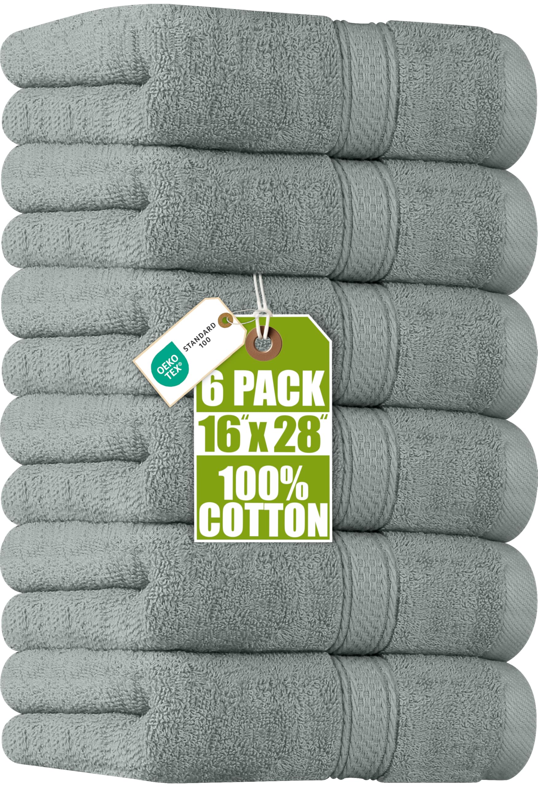 Utopia Towels six-pack hand towels neatly stacked in cool grey, ready for daily use.