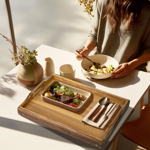 Utoplike Acacia Bed Tray with high edge helps prevent spills