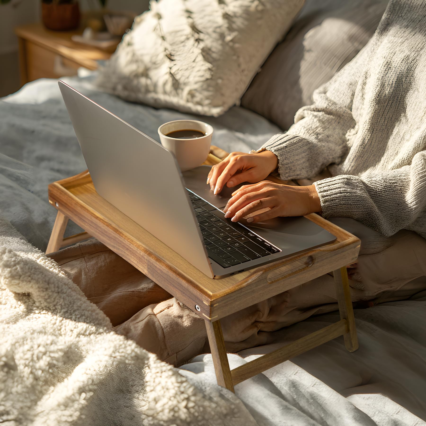 Utoplike Acacia Bed Tray wood finish adds natural warmth to any room