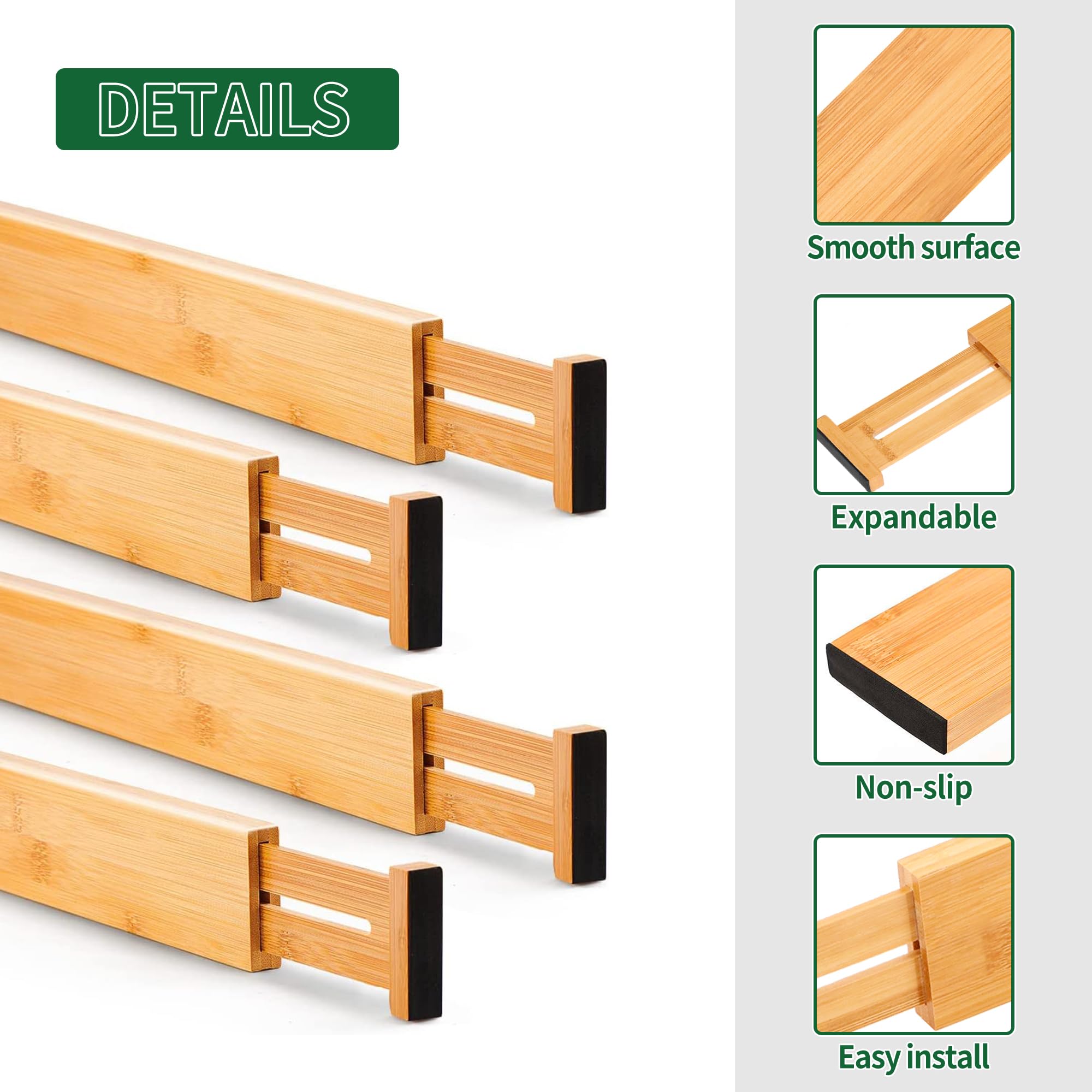 Utoplike bamboo drawer dividers shown in a multi-room setup for easy organization.