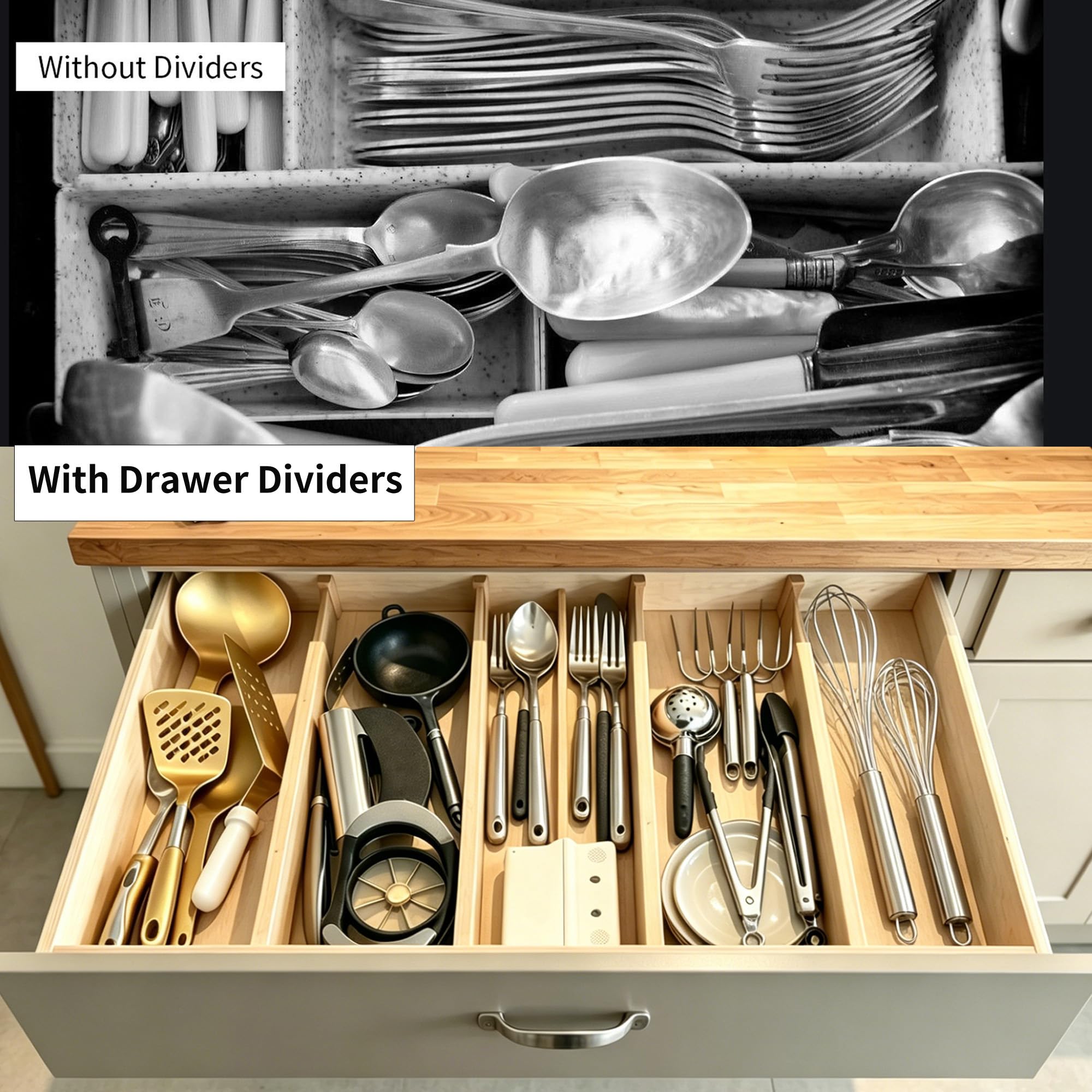 Utoplike bamboo divider ends with non-slip pads protecting a wooden dresser drawer.