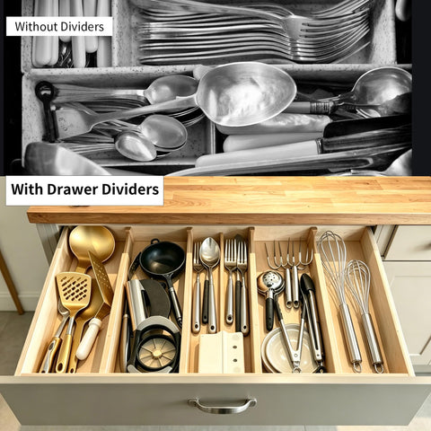 Utoplike bamboo divider ends with non-slip pads protecting a wooden dresser drawer.