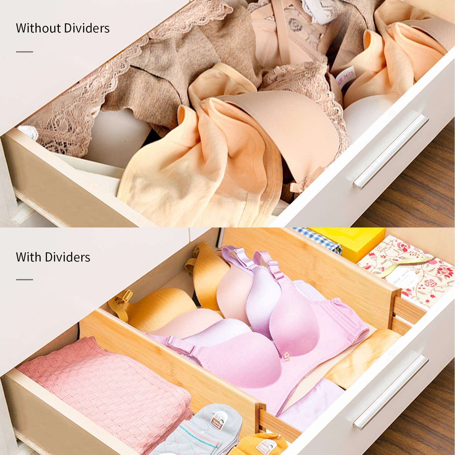Utoplike expandable divider demonstrates flexible fit across different drawers.