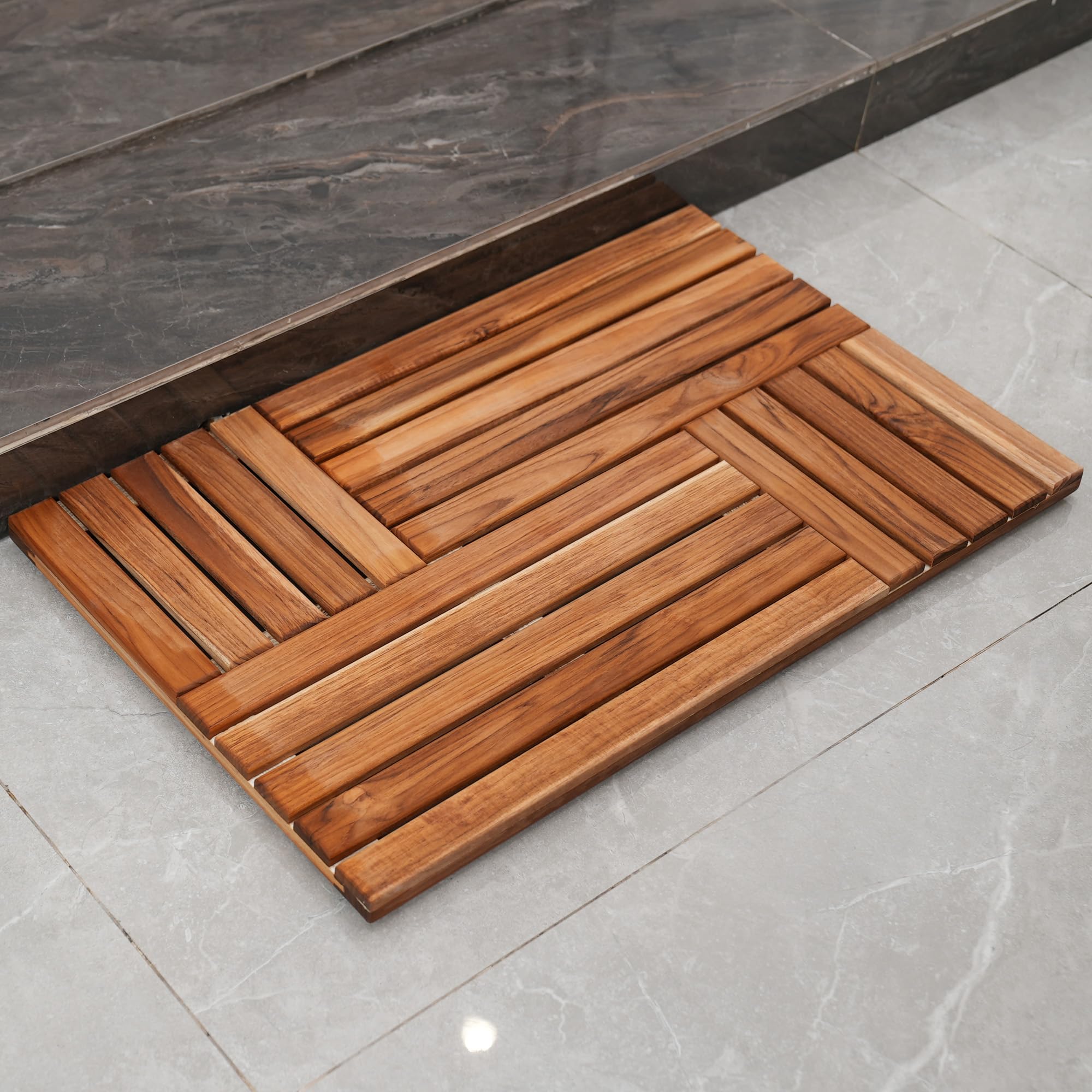 Utoplike indoor-outdoor teak mat suited for bathroom or patio spaces.