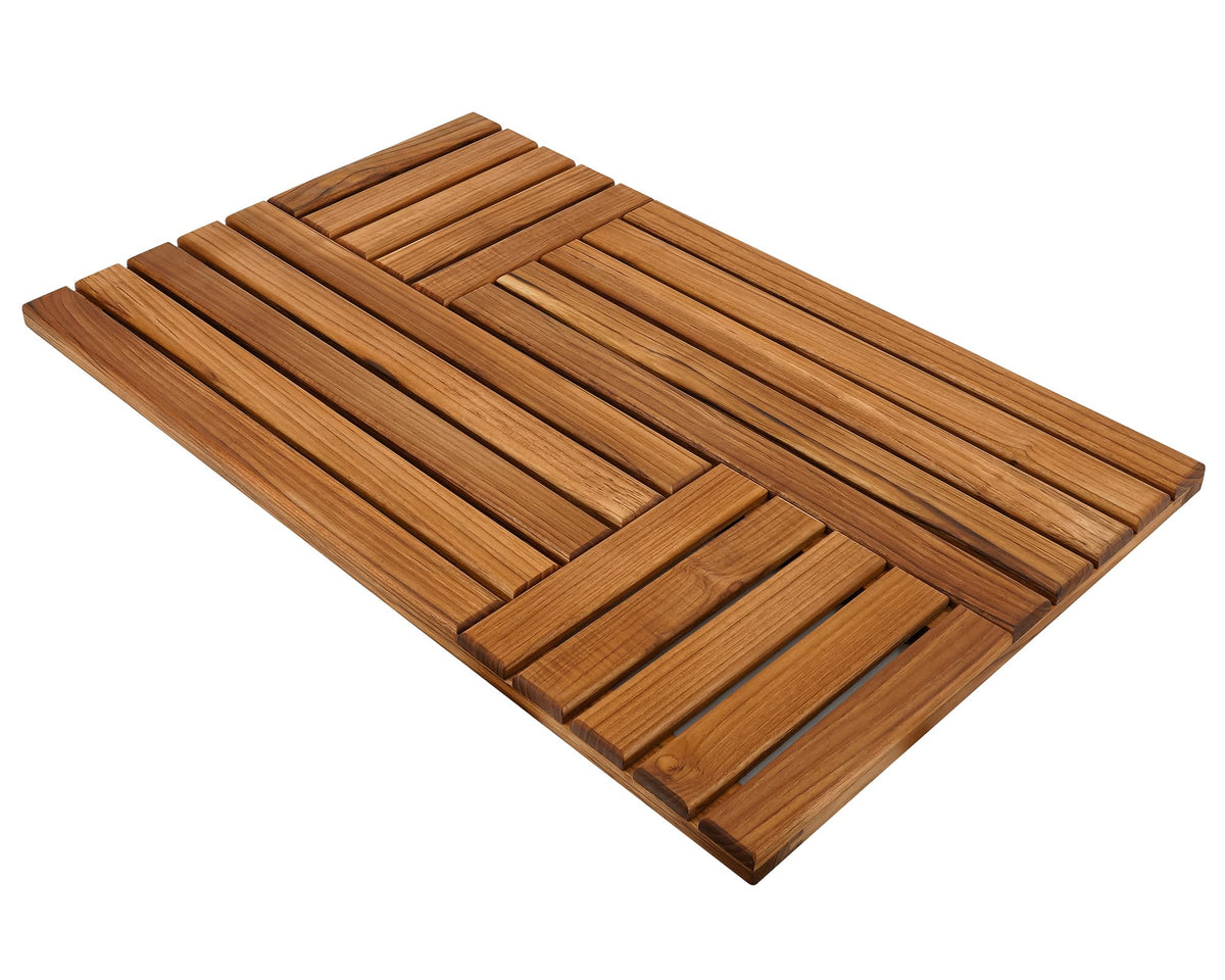 Utoplike teak bath mat 32x20 with natural grain for a luxe bathroom.