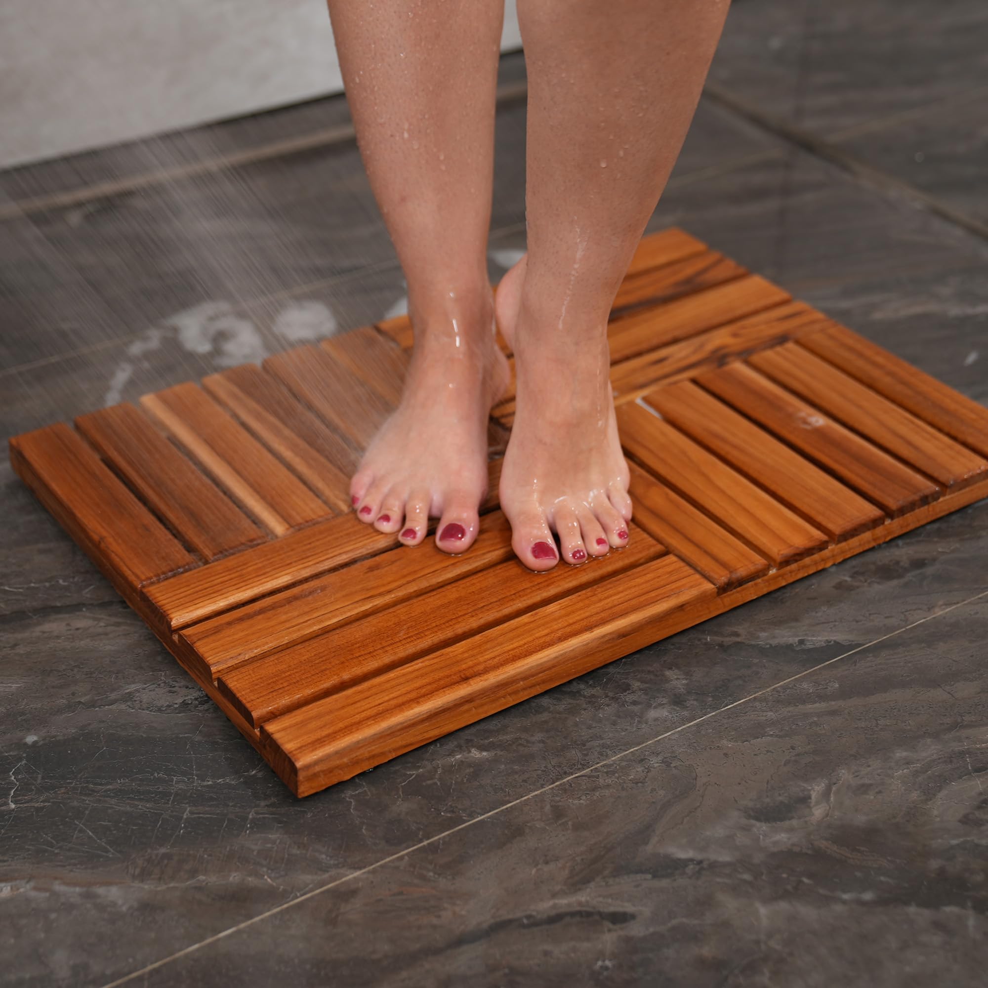 Utoplike teak bath mat chamfered edges provide barefoot comfort.