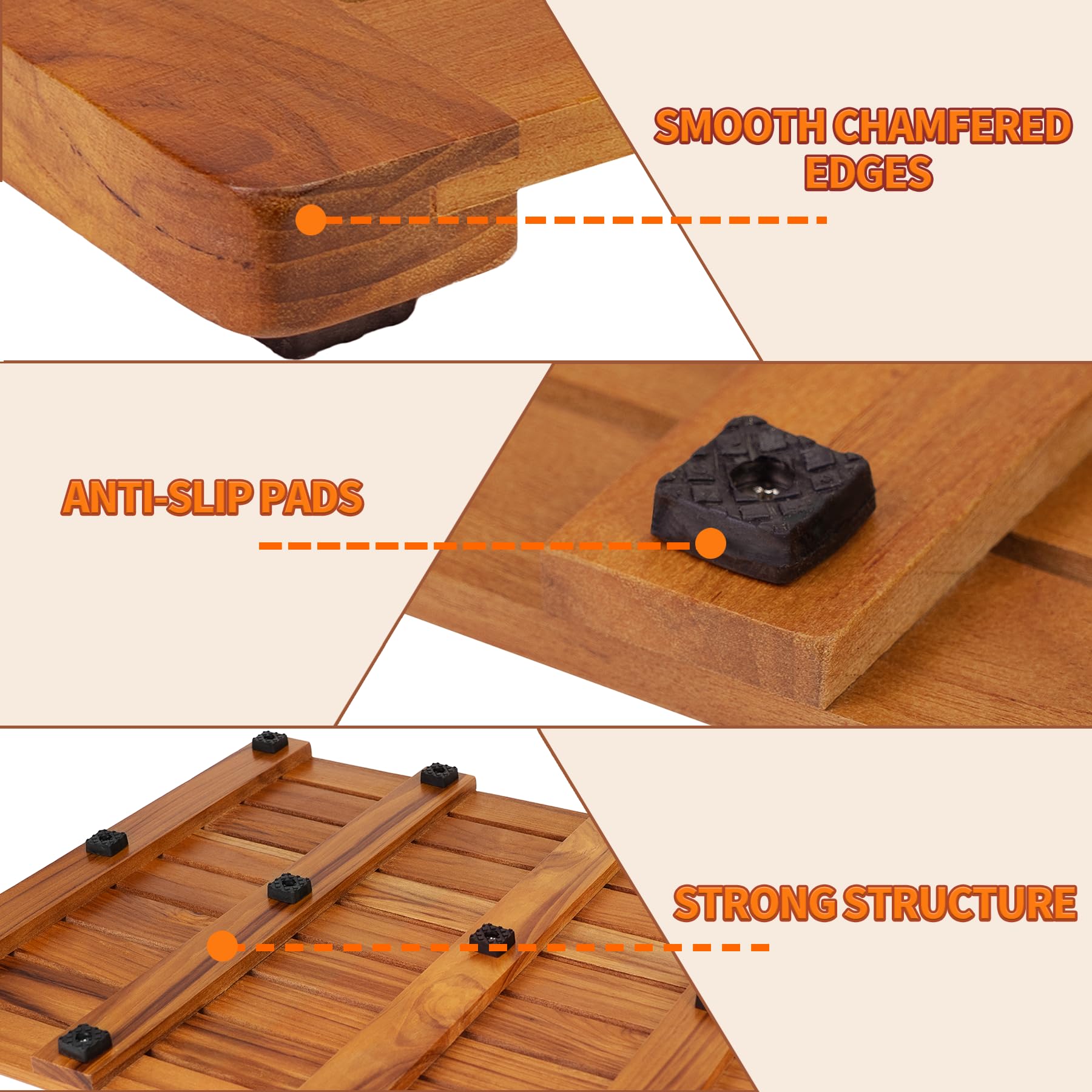 Utoplike teak bath mat dense wood resists dents and daily wear.