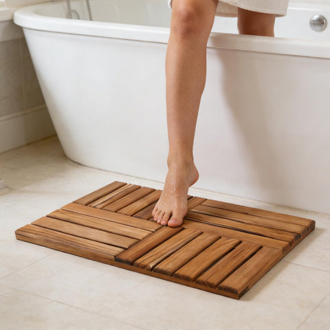 Utoplike teak bath mat easy to wipe clean after use.