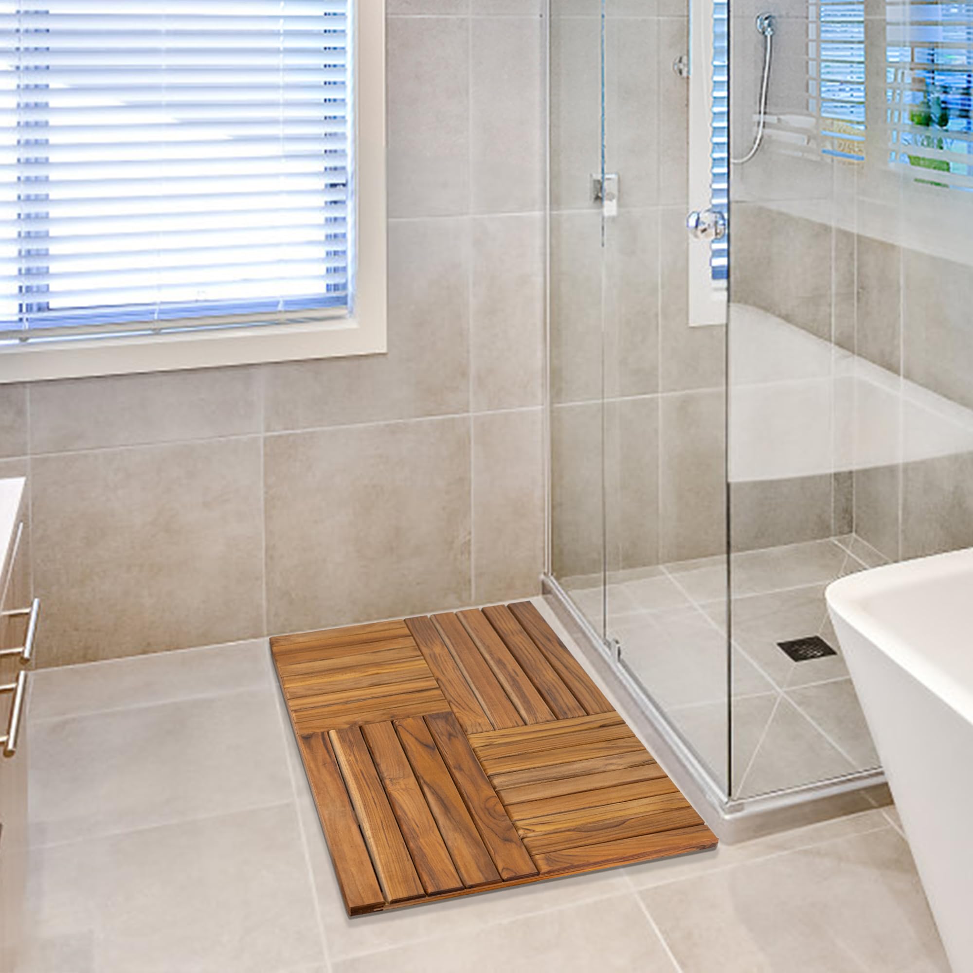Chamfered edges on the Utoplike teak bath mat for foot comfort