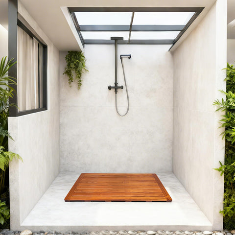 Utoplike teak bath mat hand-sanded finish highlights natural wood patterns.