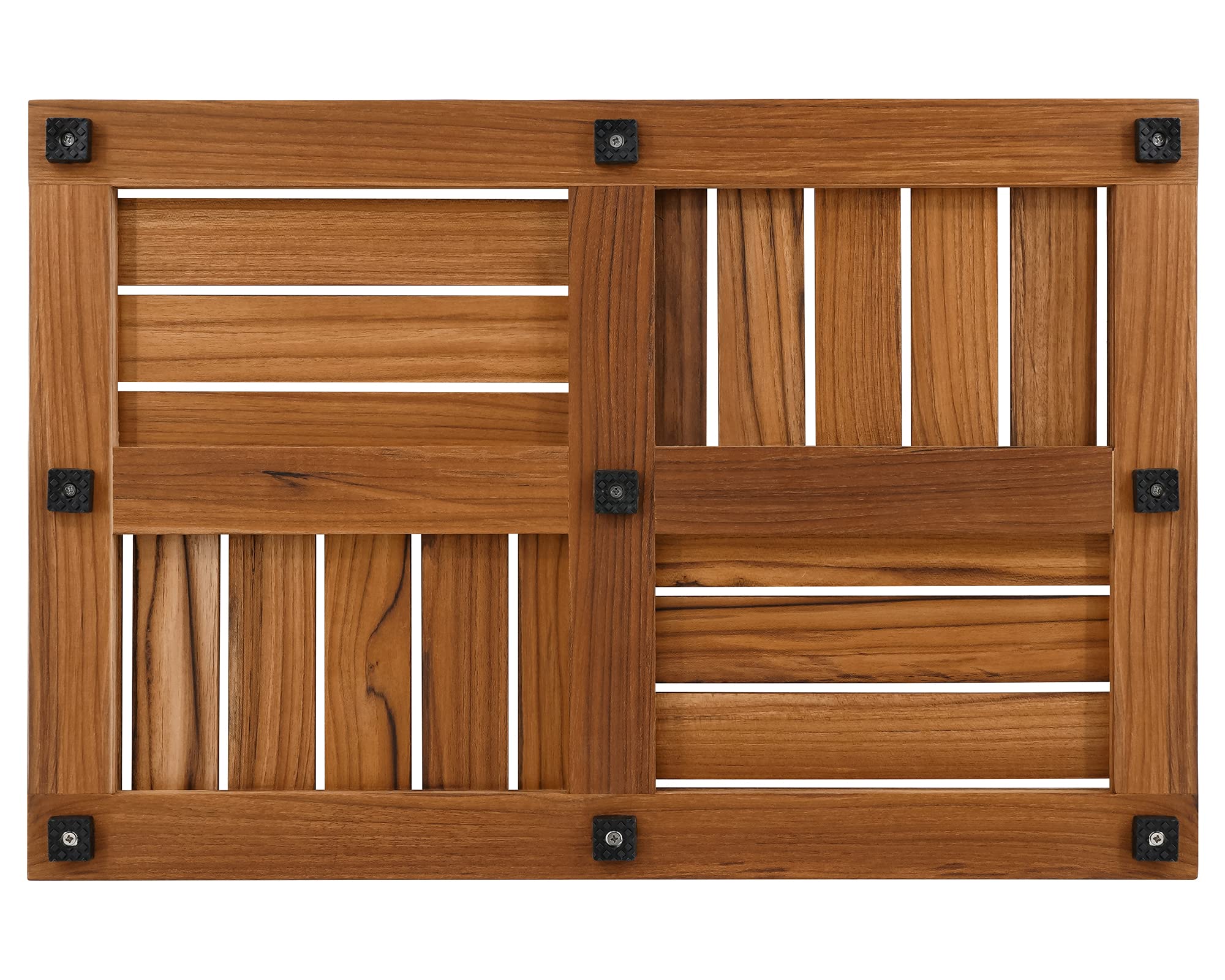 Utoplike teak bath mat suitable for indoor or outdoor spaces.