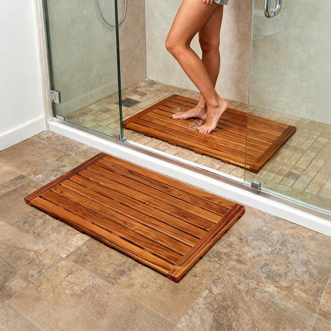 Utoplike teak bath mat indoor-outdoor versatility suits bathrooms and outdoor spaces.