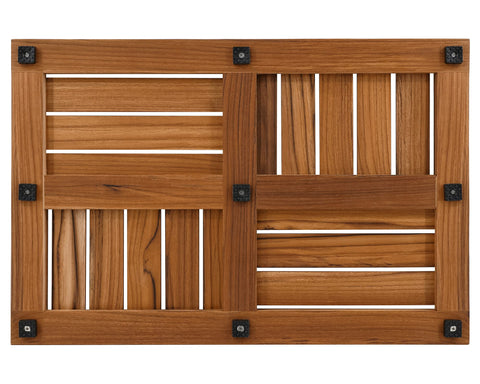 Utoplike teak bath mat suitable for indoor or outdoor spaces.
