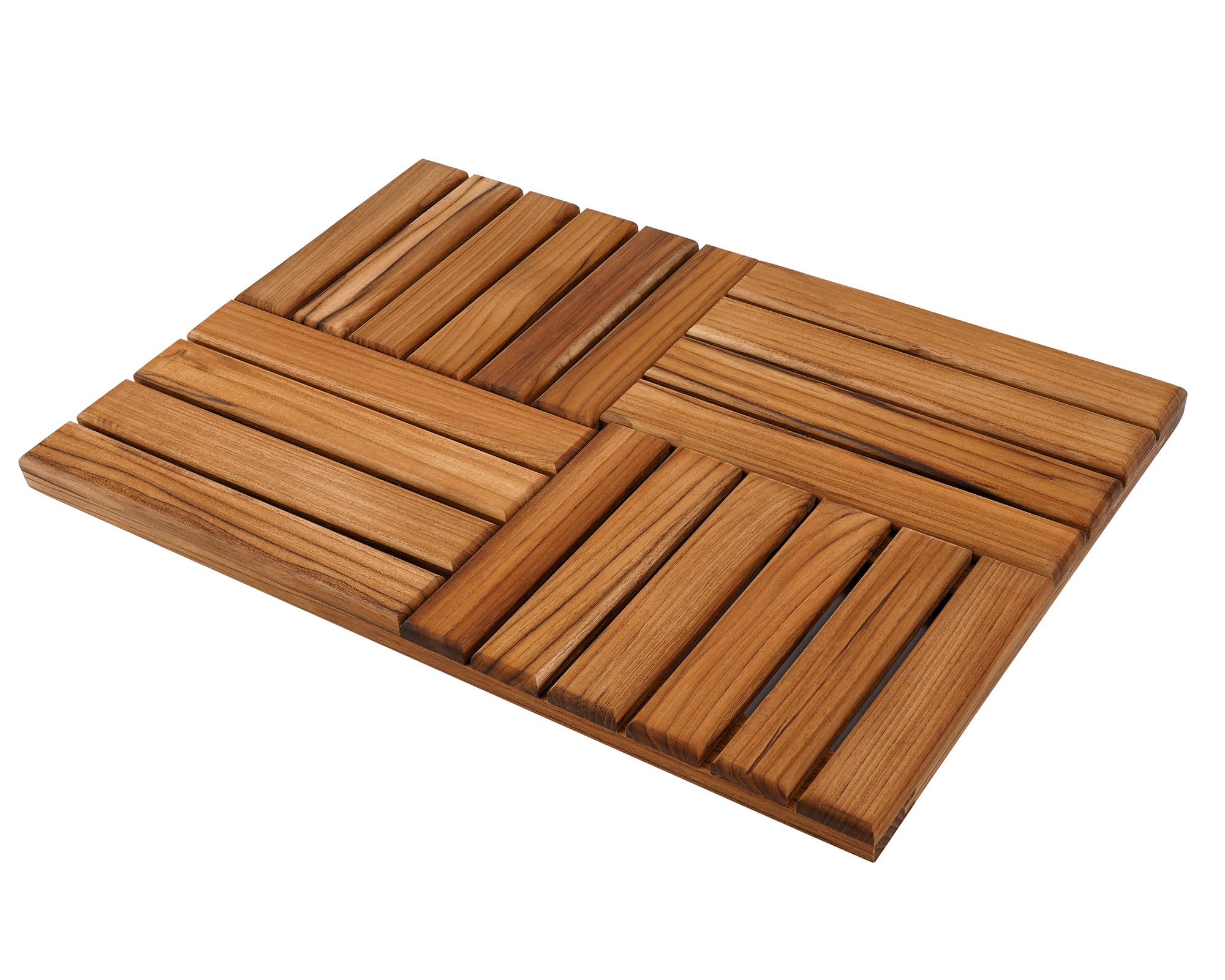 Utoplike teak bath mat with slatted surface supports drainage.