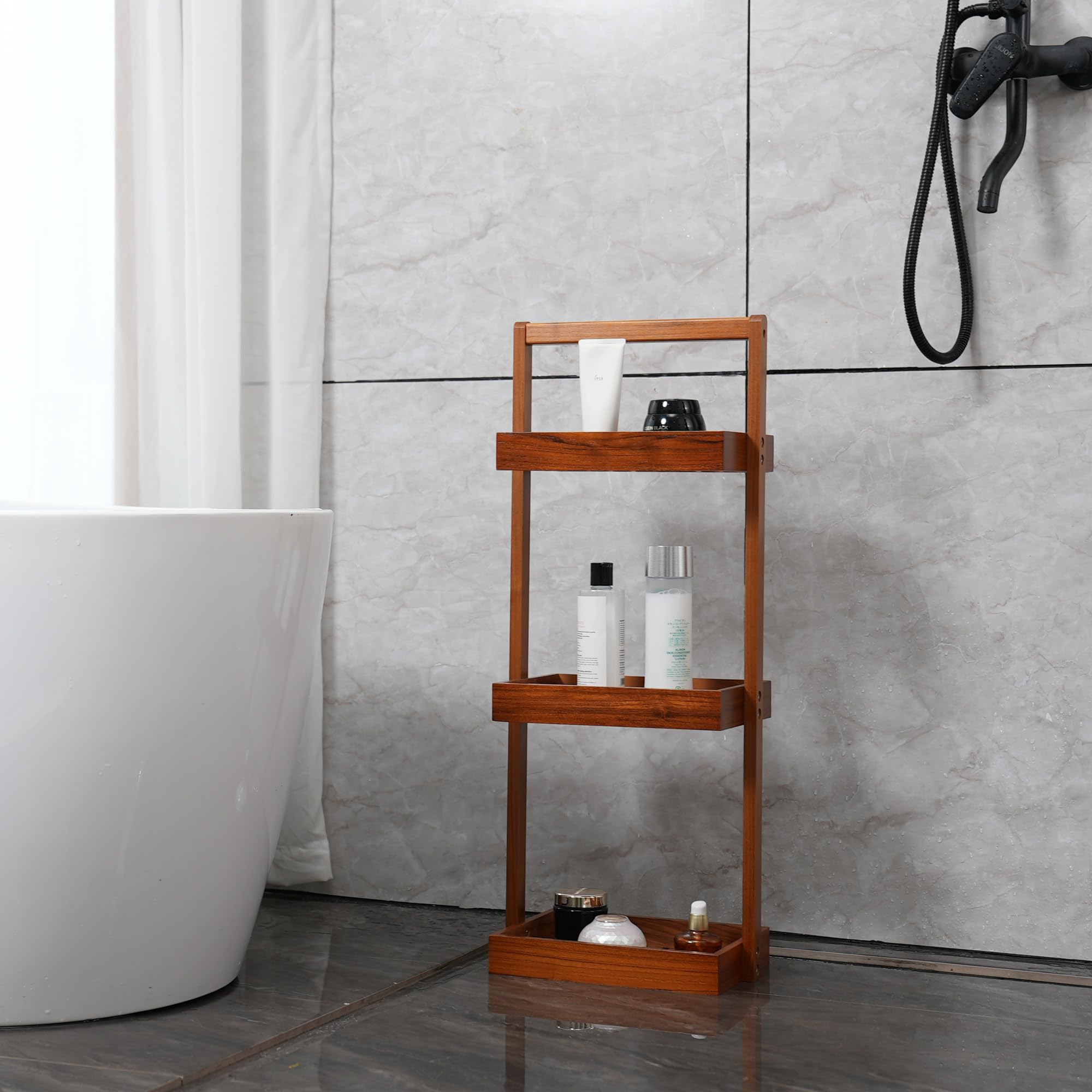 Utoplike teak corner caddy-3-tier-storage keeps shampoos, towels, and lotions neatly.
