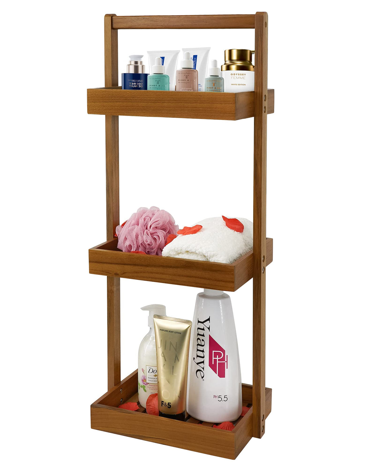 Utoplike teak corner caddy assembly shows easy setup for organized bathroom storage.