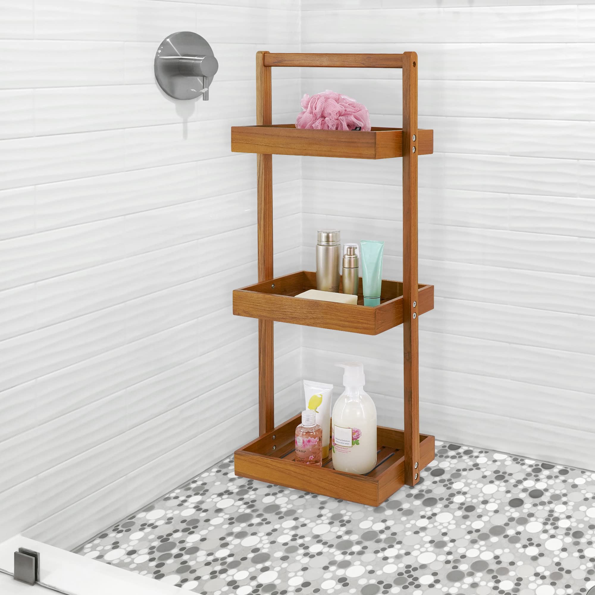 Utoplike teak corner caddy-decor-fit complements bathroom style while keeping items accessible.