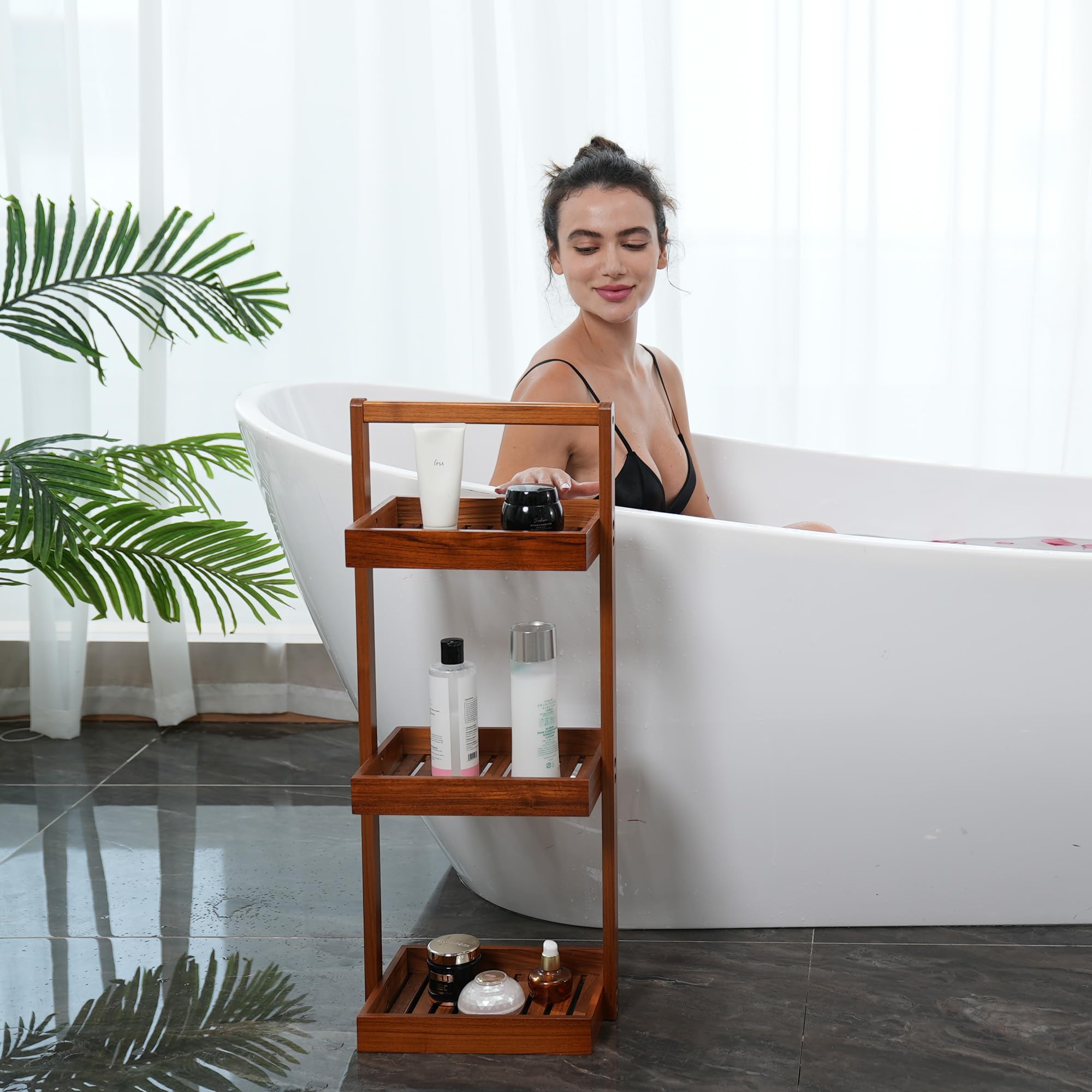 Utoplike teak corner caddy corner-dimensions highlights compact footprint for small spaces.