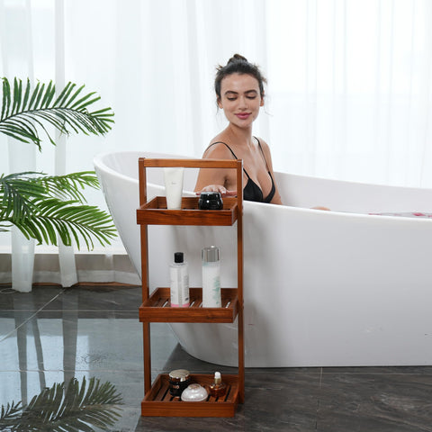 Utoplike teak corner caddy corner-dimensions highlights compact footprint for small spaces.