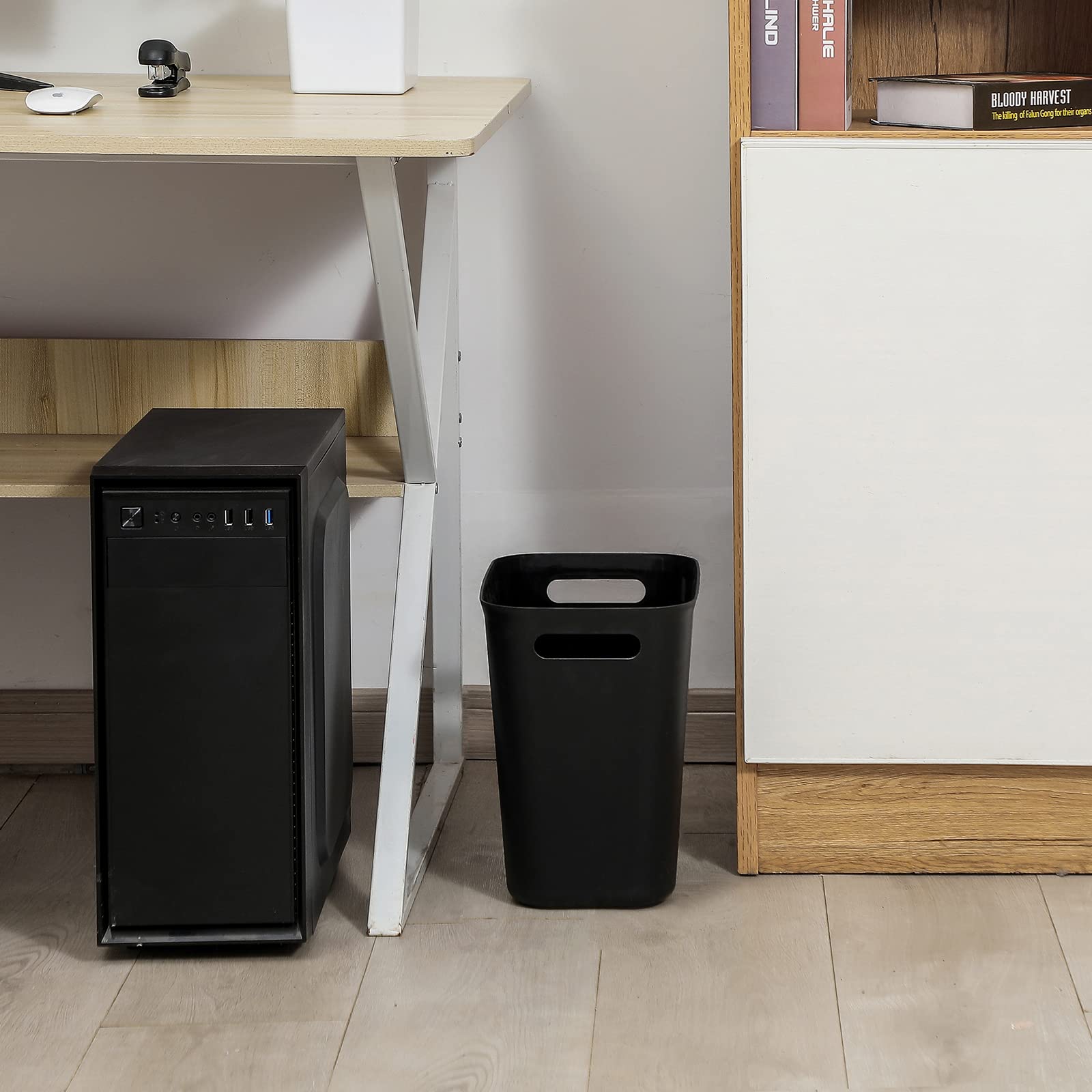 UUJOLY trash can with elevated base reduces wear and fits under sinks.