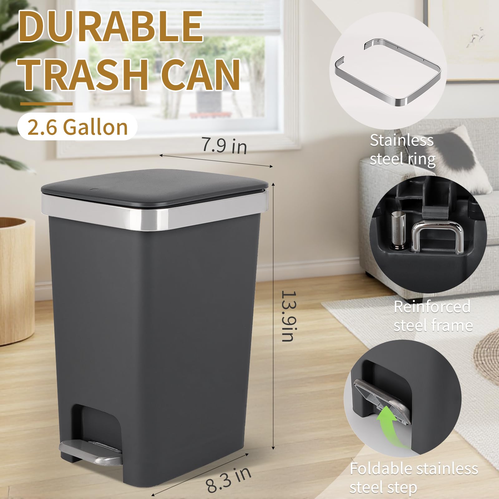 UUJOLY trash can with pop-up lid for quick access.