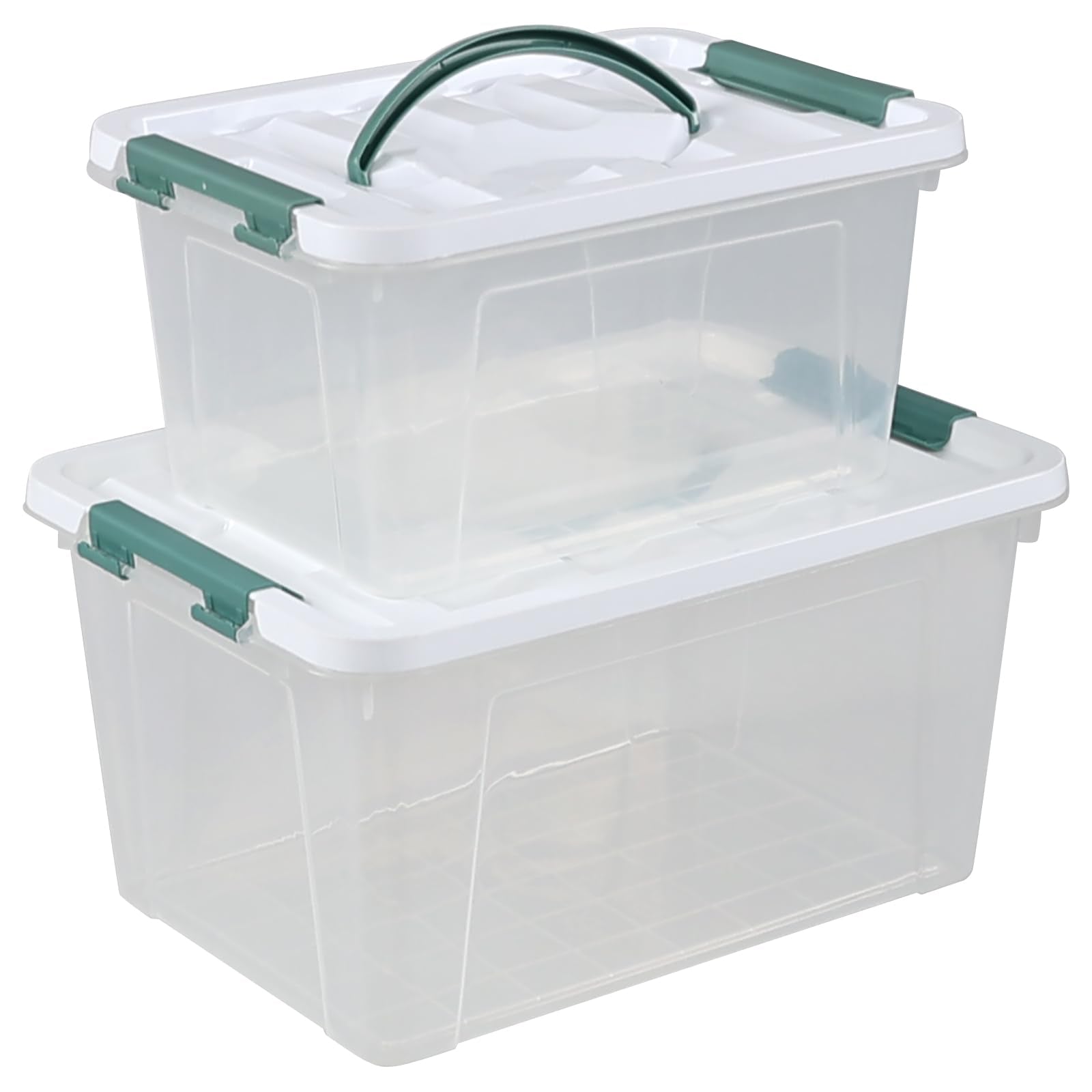 Uumitty 14QT clear latch box with lid, ideal for clothing storage and easy visibility.