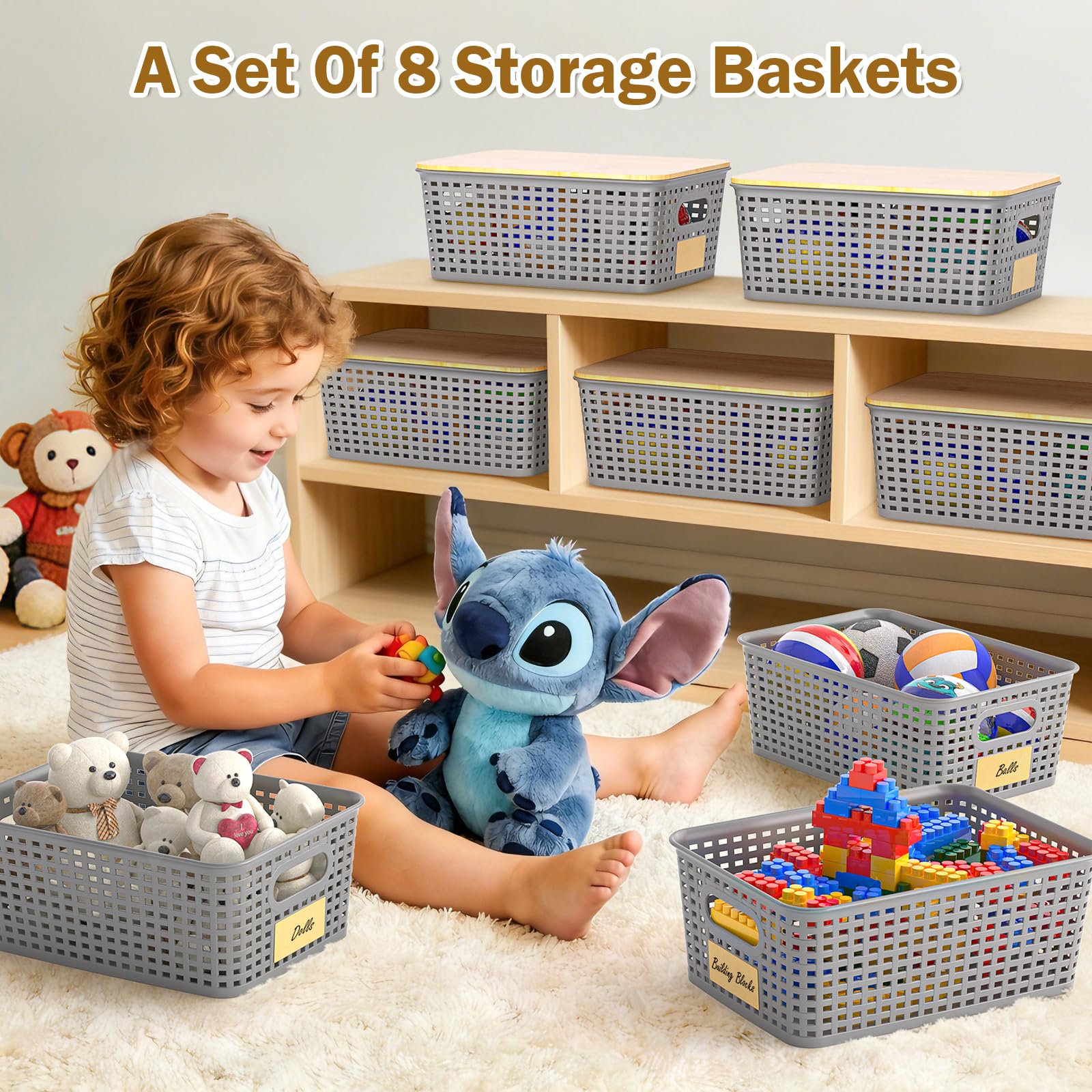 Uvellgift durable plastic bins designed for everyday use on shelves.