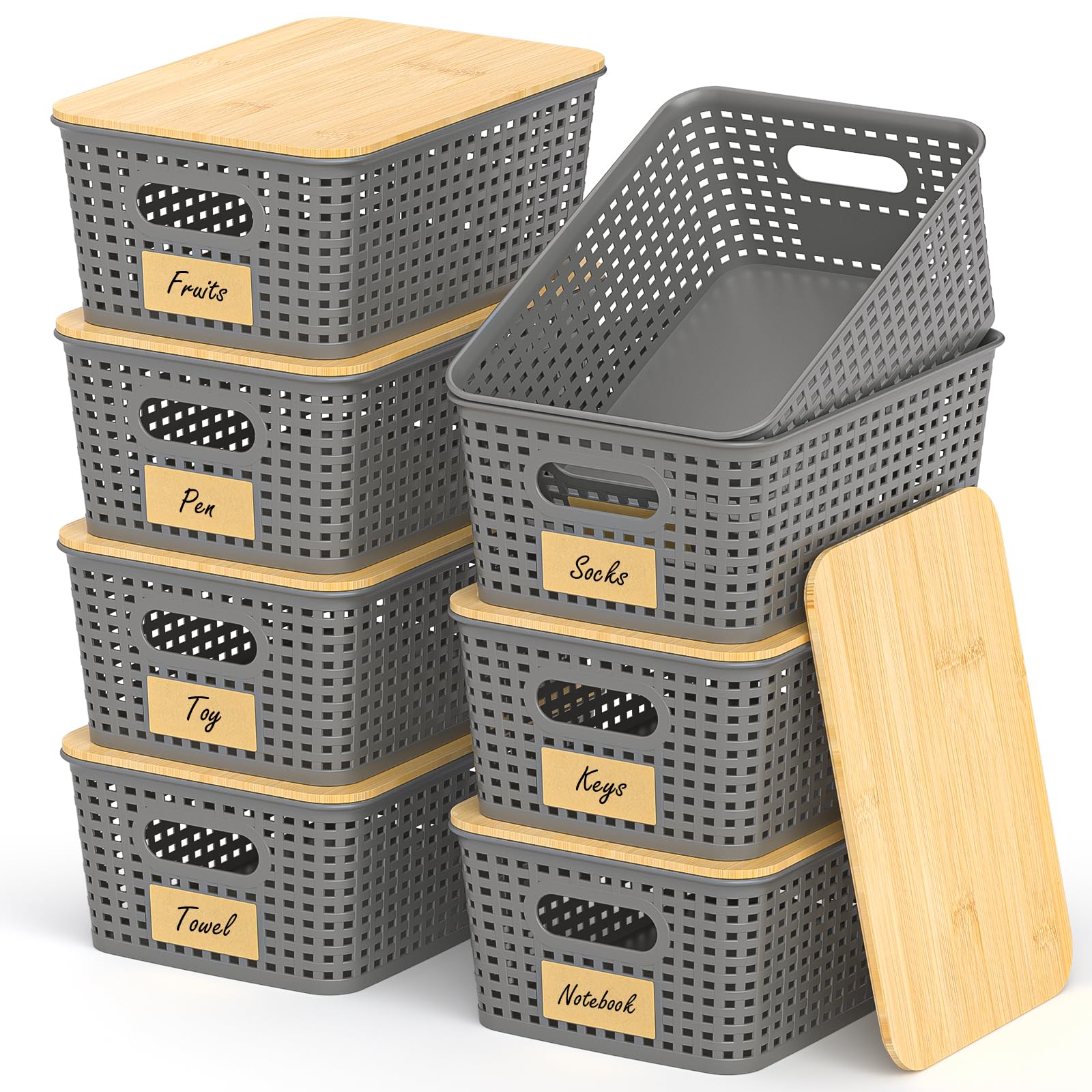 Uvellgift stackable storage baskets with bamboo lids for pantry organization.